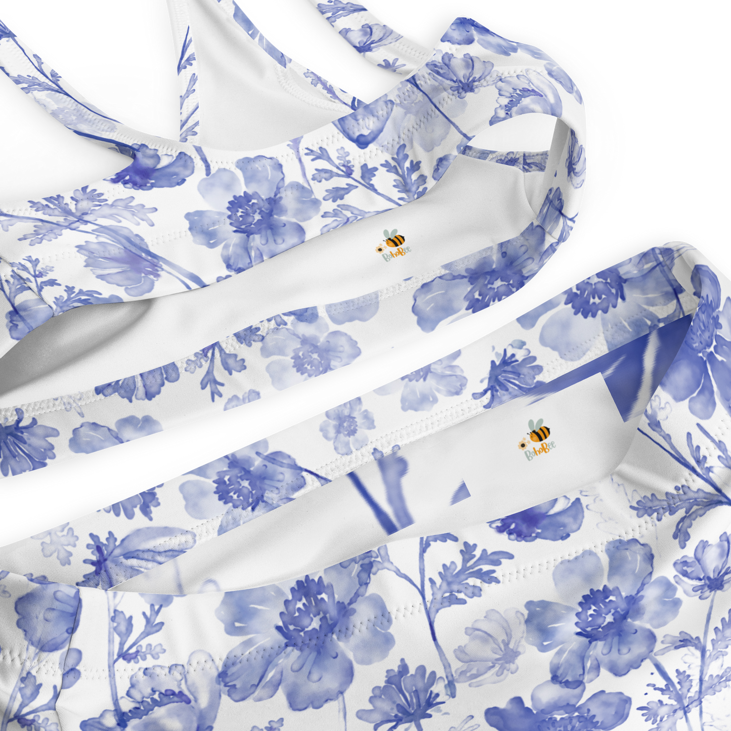 Återvunnen Högmidjad Bikini – Blåblommigt Mönster