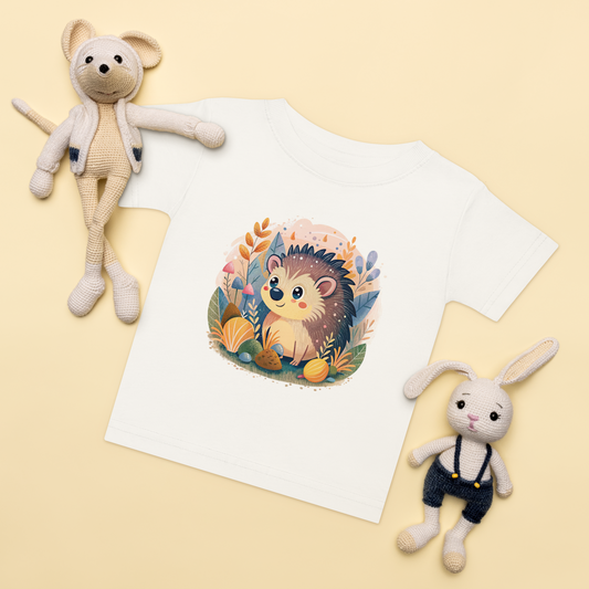 Baby t-shirt in white with a hand-drawn hedgehog and forest elements on the front.
Baby-t-shirt i vit med handritad igelkott och skogselement framtill.