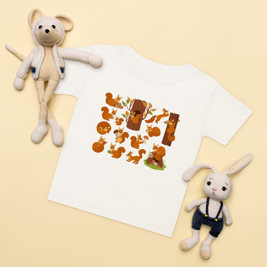Baby-t-shirt i vit med handritade ekorrar framtill.
Baby t-shirt in white with hand-drawn squirrels on the front.
