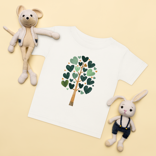 Baby-t-shirt i vit med ett träd av gröna hjärtan framtill.
Baby t-shirt in white with a heart-shaped leaf tree illustration on the front.