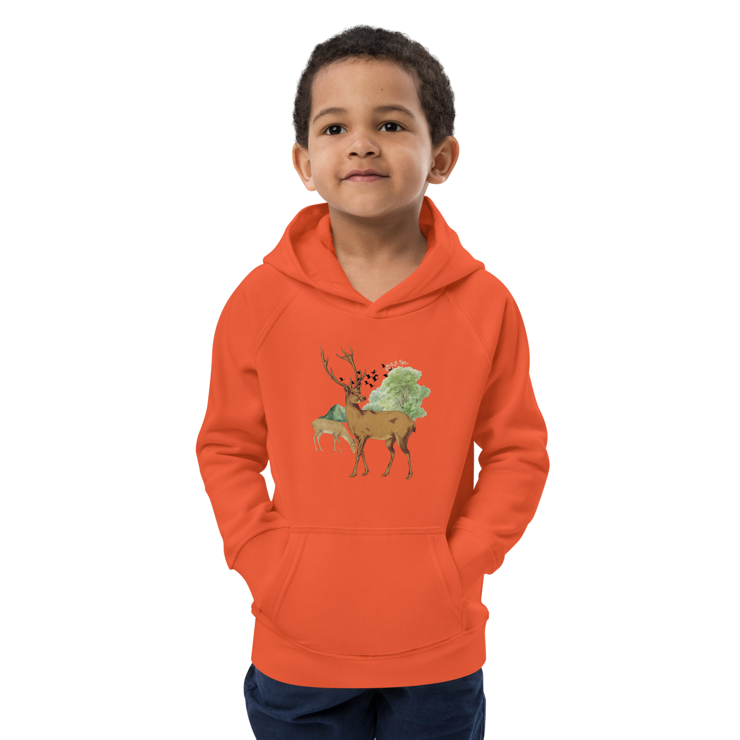 Ekologisk barnhoodie – Hjortar i Skogsglänta
