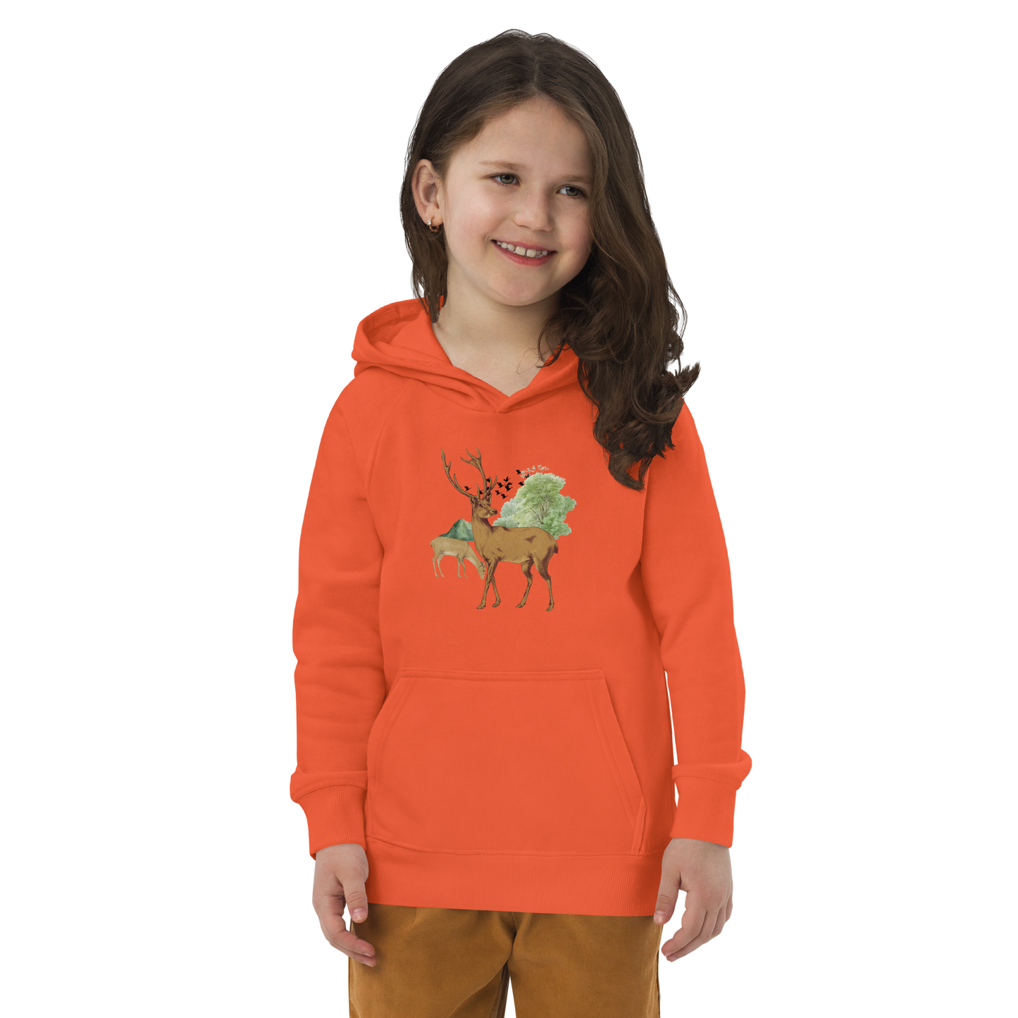 Ekologisk barnhoodie – Hjortar i Skogsglänta