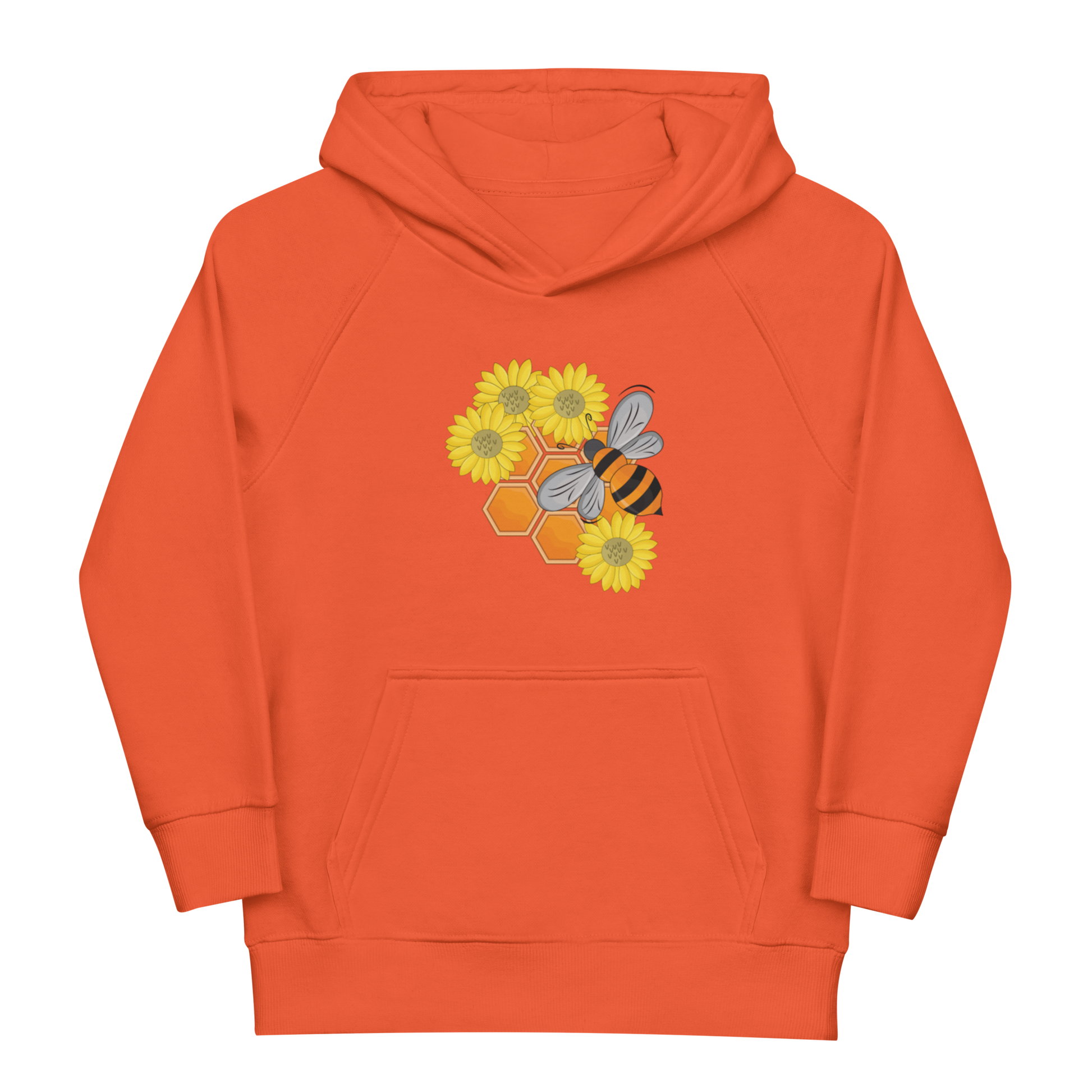 Ekologisk barnhoodie i rostorange med tecknat bi, blommor och honungskakor framtill.
Organic kids hoodie in burnt orange with a cartoon bee, flowers and honeycomb print on the front.