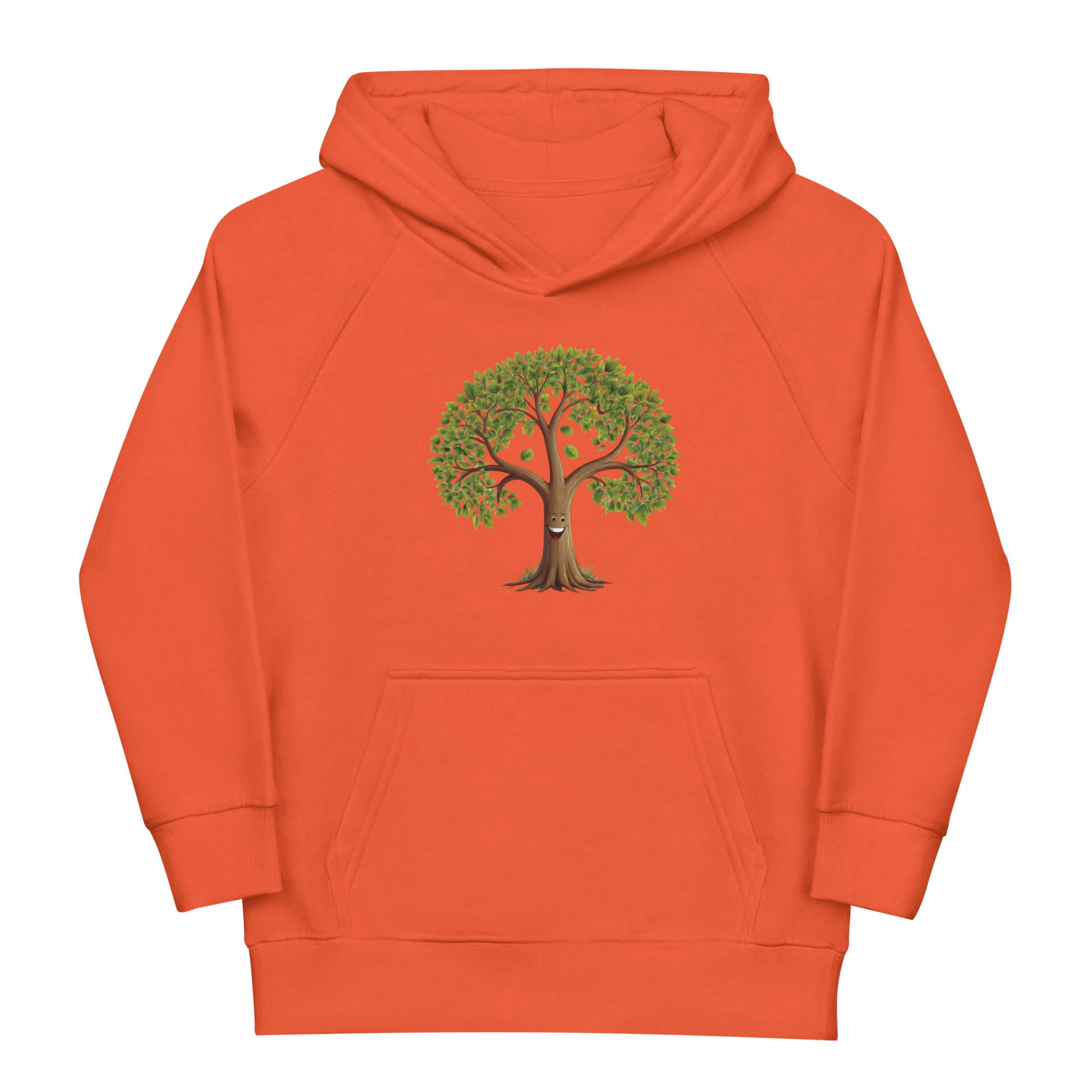 Ekologisk barnhoodie i rostorange med ett glatt, tecknat trädmotiv framtill.
Organic kids hoodie in burnt orange with a cheerful cartoon-style tree on the front.