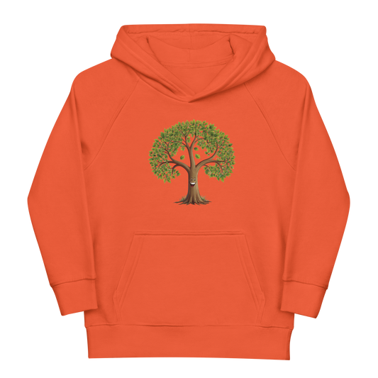 Ekologisk barnhoodie i rostorange med ett glatt, tecknat trädmotiv framtill.
Organic kids hoodie in burnt orange with a cheerful cartoon-style tree on the front.