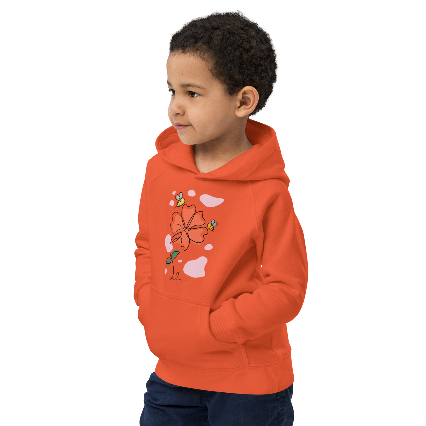 Ekologisk barnhoodie – Linjetecknad Blomma och Bin