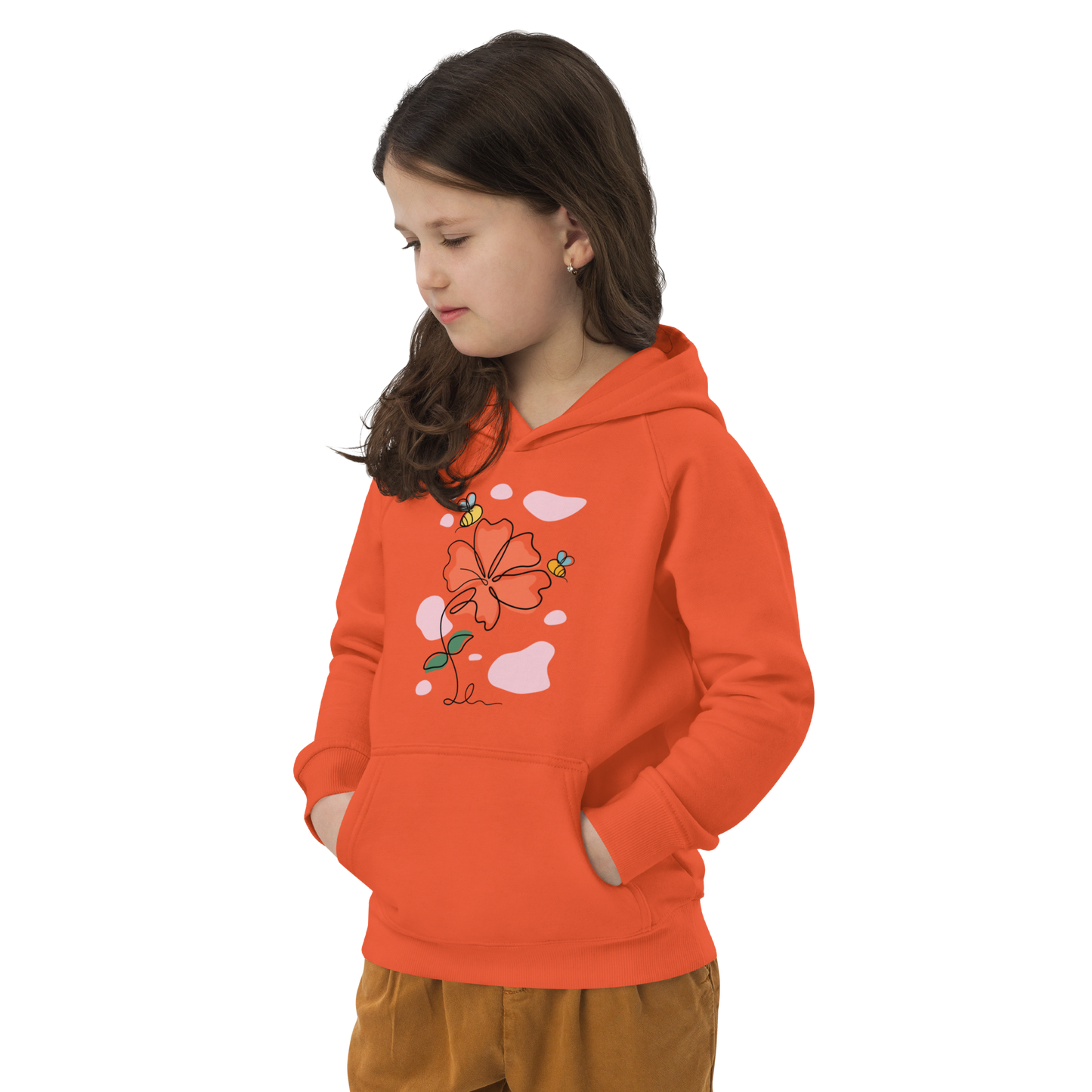 Ekologisk barnhoodie – Linjetecknad Blomma och Bin