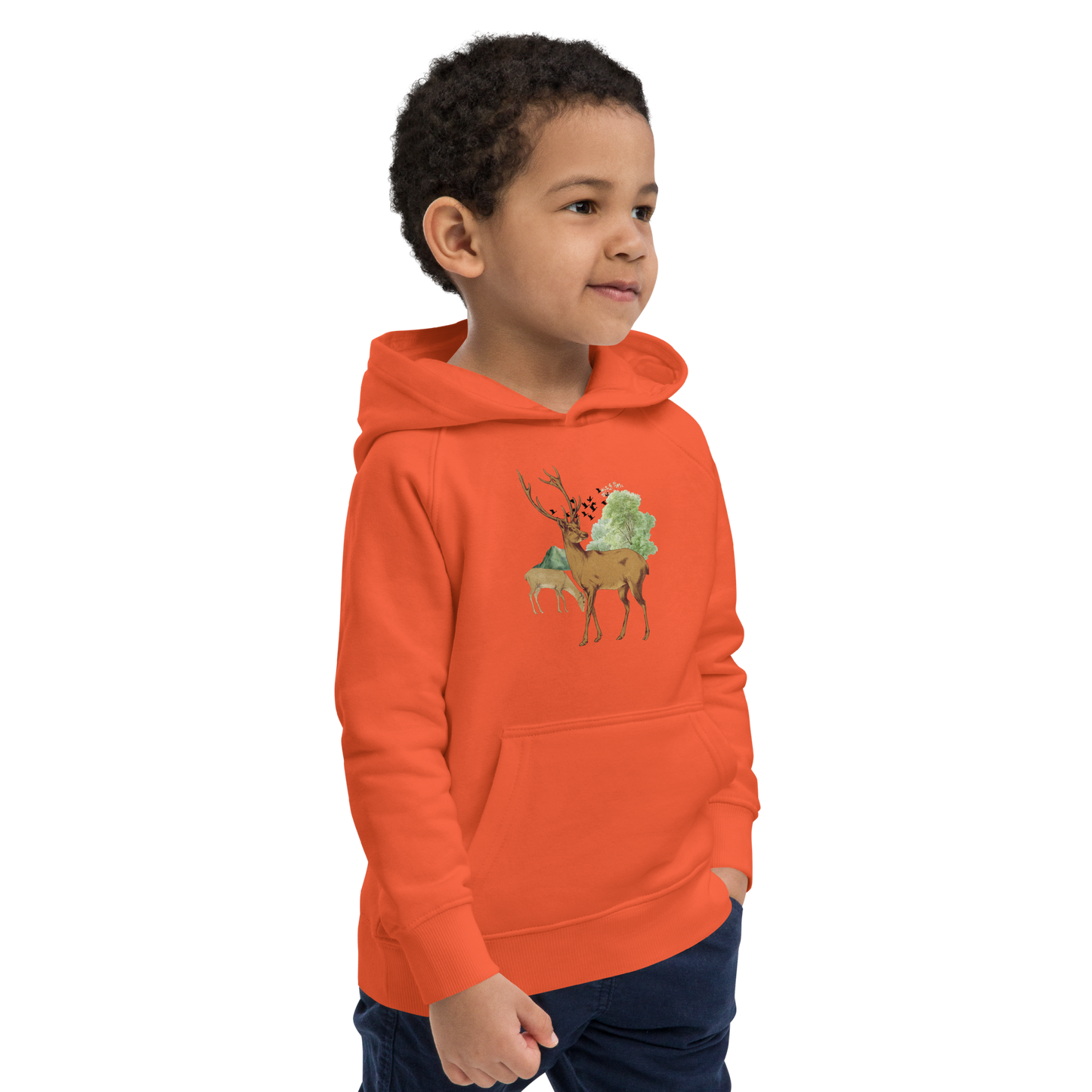 Ekologisk barnhoodie – Hjortar i Skogsglänta