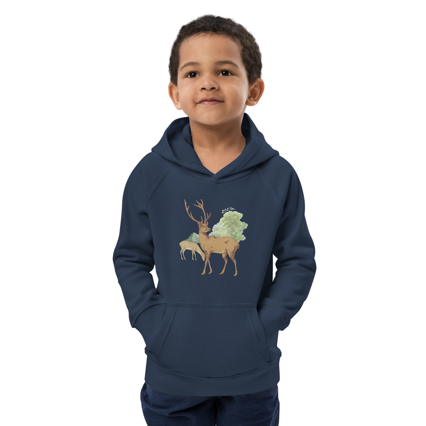 Ekologisk barnhoodie – Hjortar i Skogsglänta
