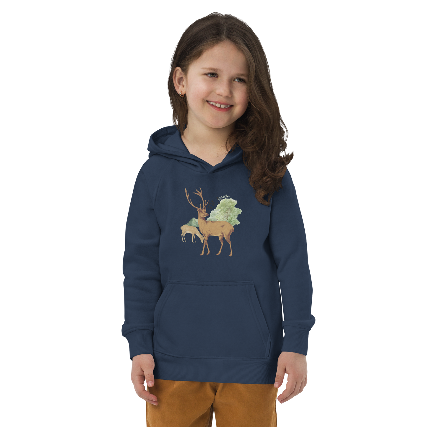 Ekologisk barnhoodie – Hjortar i Skogsglänta