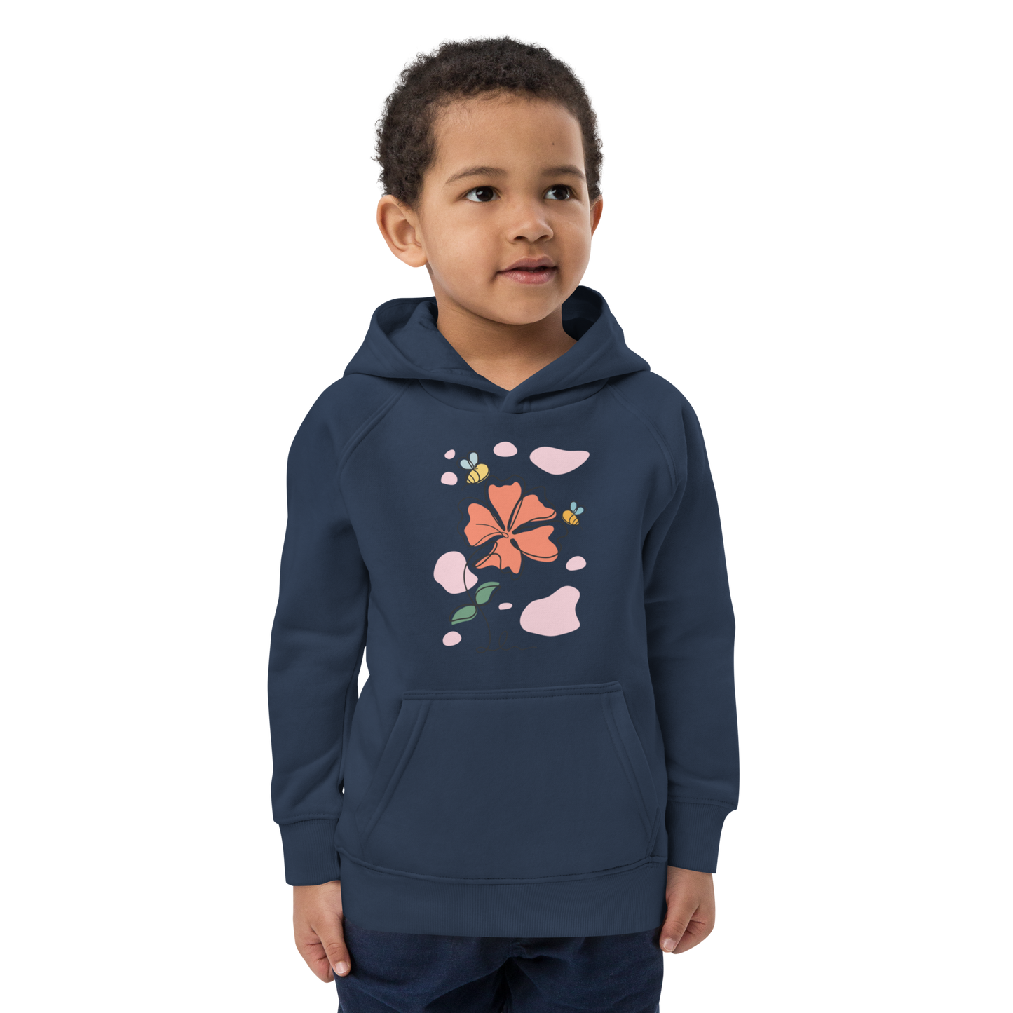 Ekologisk barnhoodie – Linjetecknad Blomma och Bin