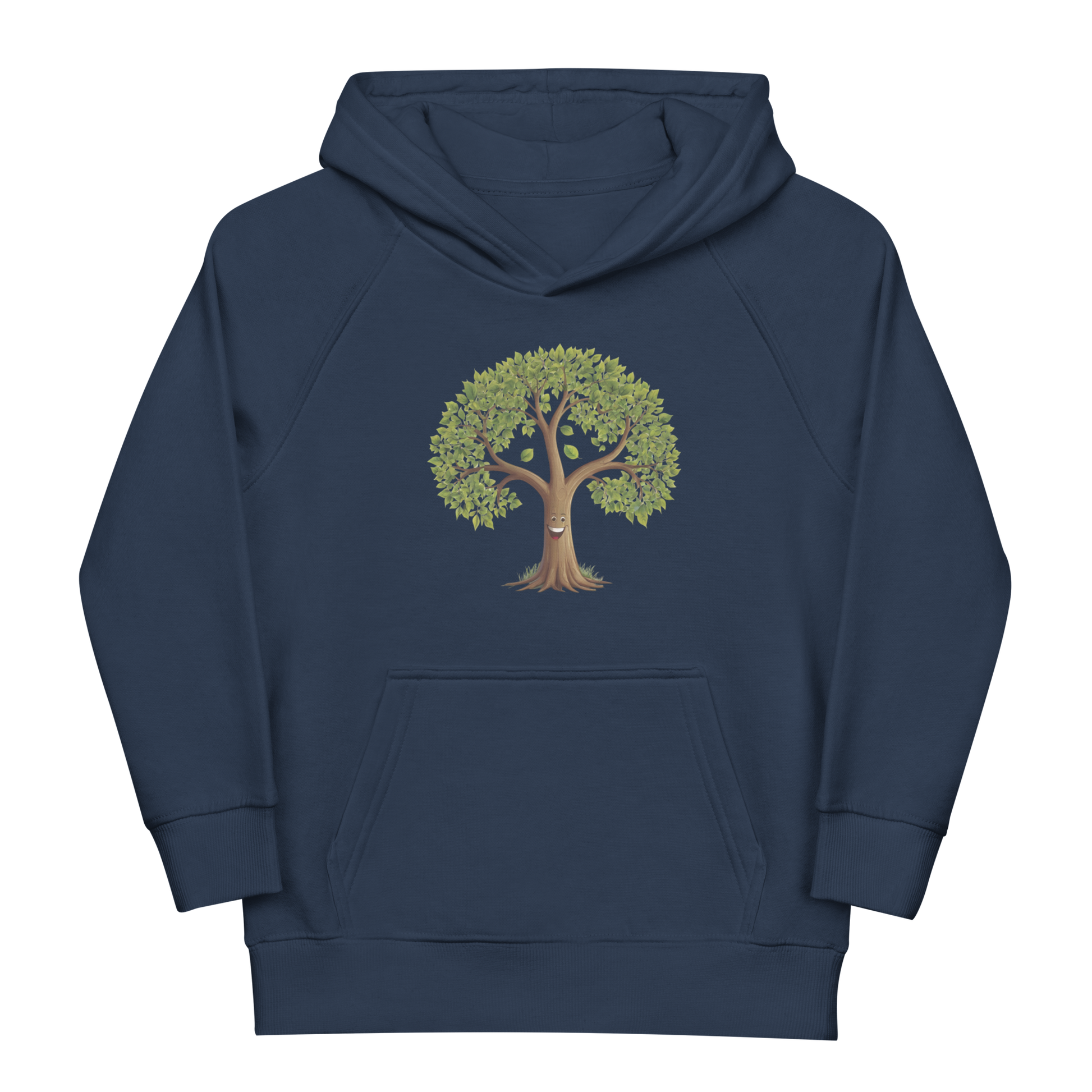 Ekologisk barnhoodie i marinblå med ett glatt, tecknat trädmotiv framtill.
Organic kids hoodie in french navy with a cheerful cartoon-style tree on the front.