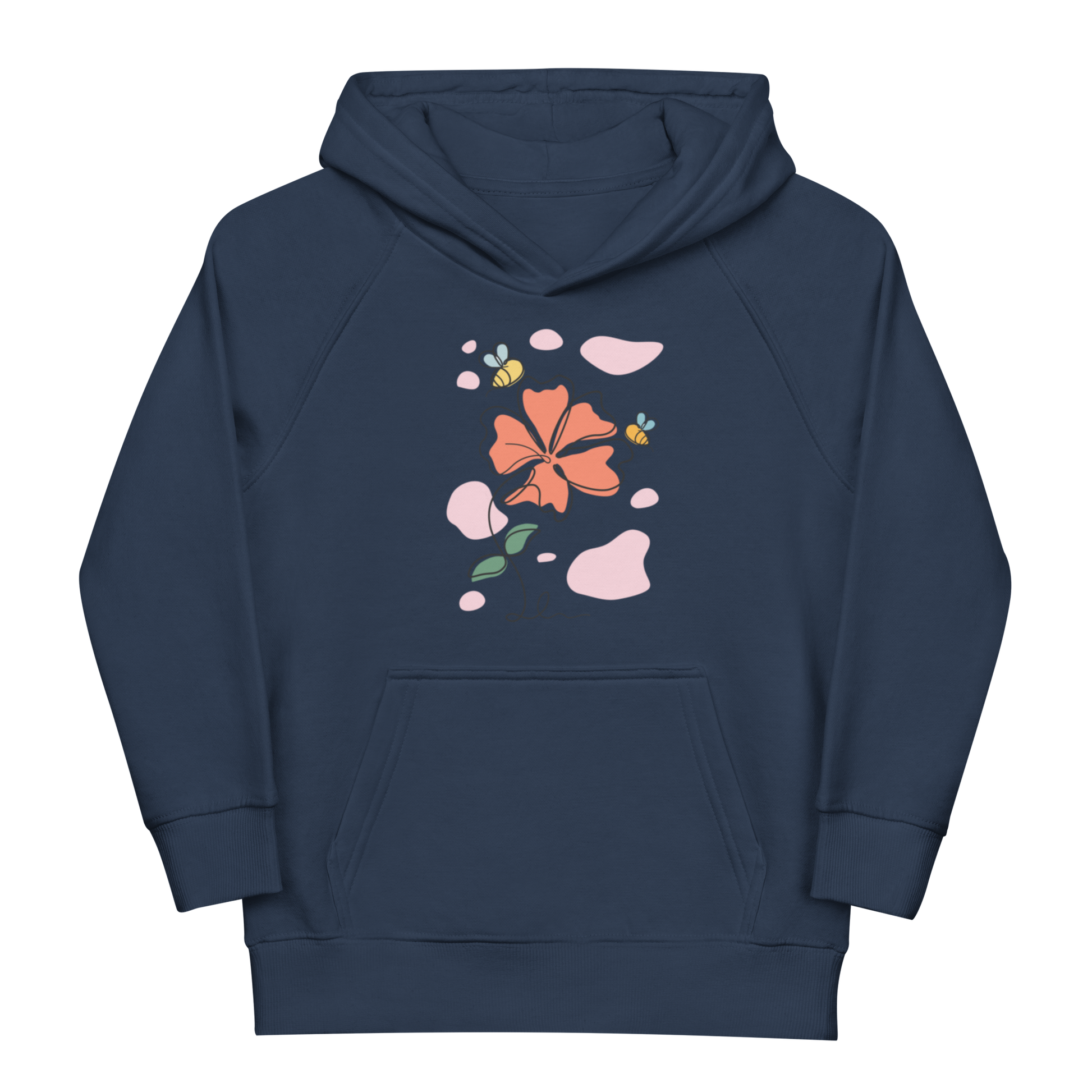 Ekologisk barnhoodie i marinblå med linjetecknad blomma och bin framtill.
Organic kids hoodie in french navy with line art flower and bees on the front.