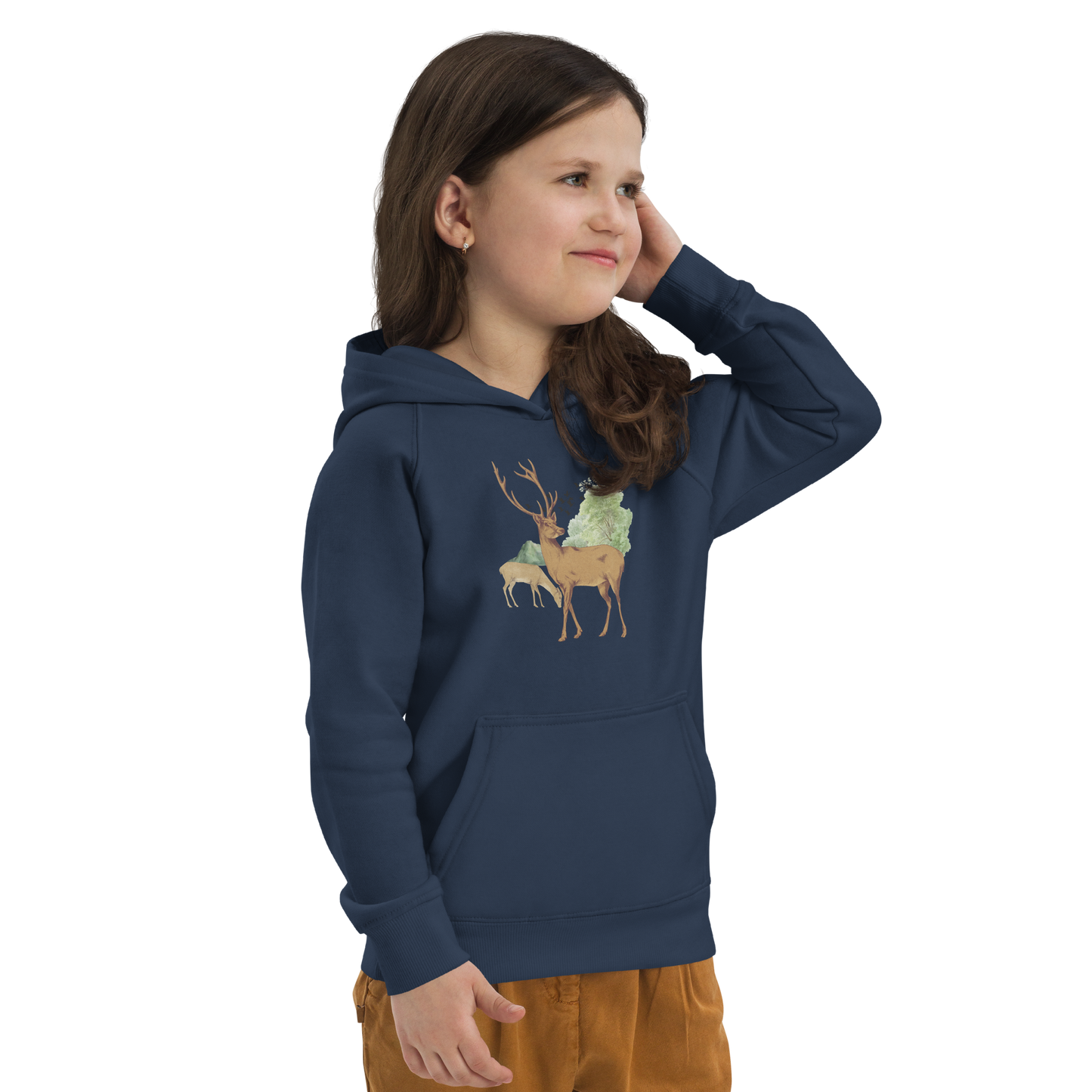 Ekologisk barnhoodie – Hjortar i Skogsglänta
