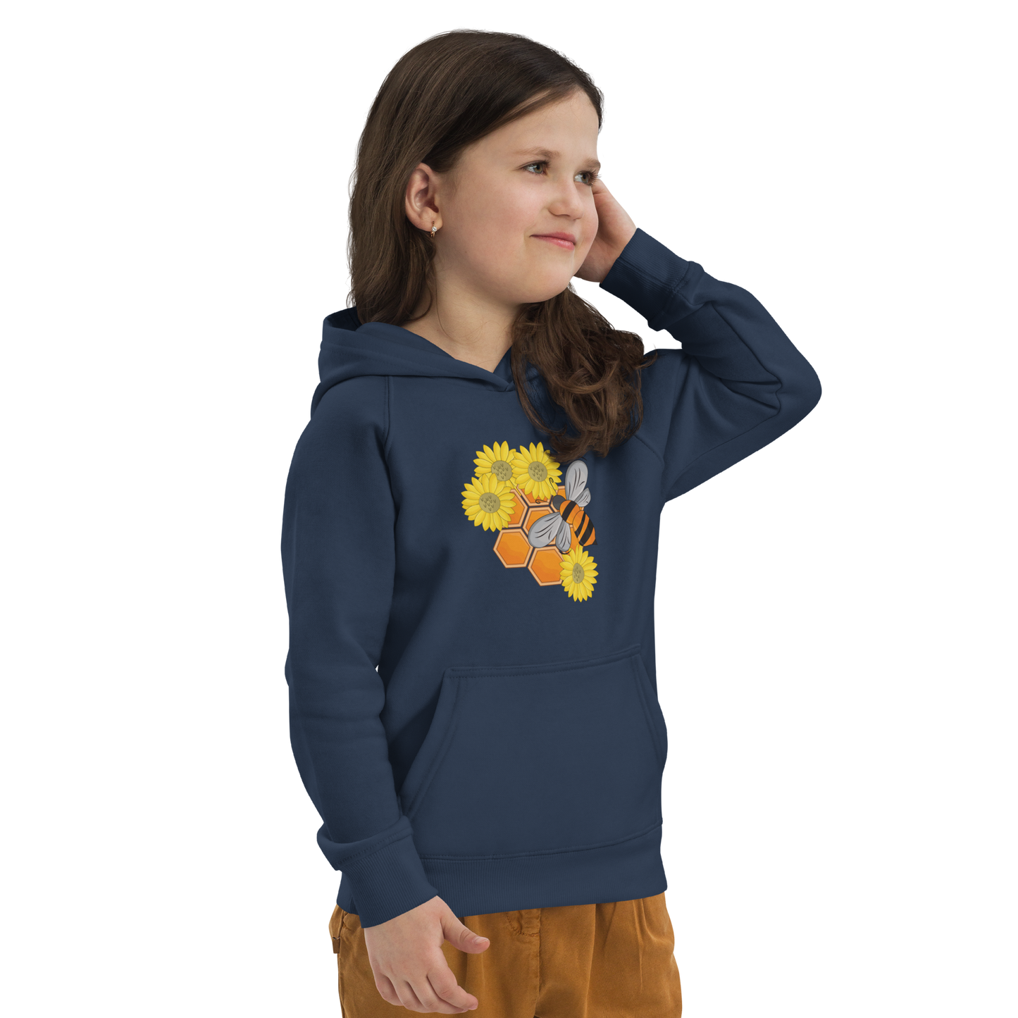 Ekologisk barnhoodie – Bi, Blommor och Honungskakor