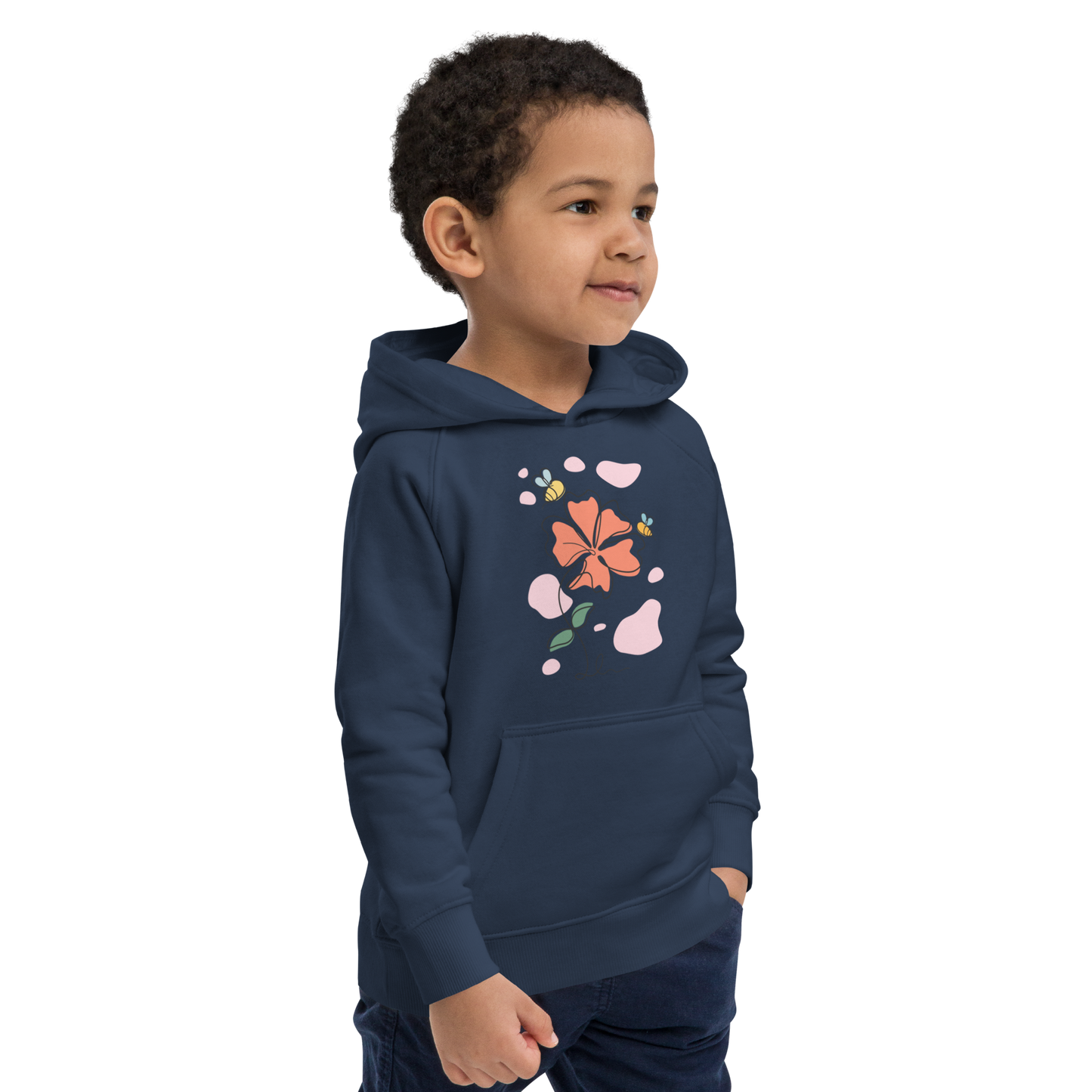 Ekologisk barnhoodie – Linjetecknad Blomma och Bin