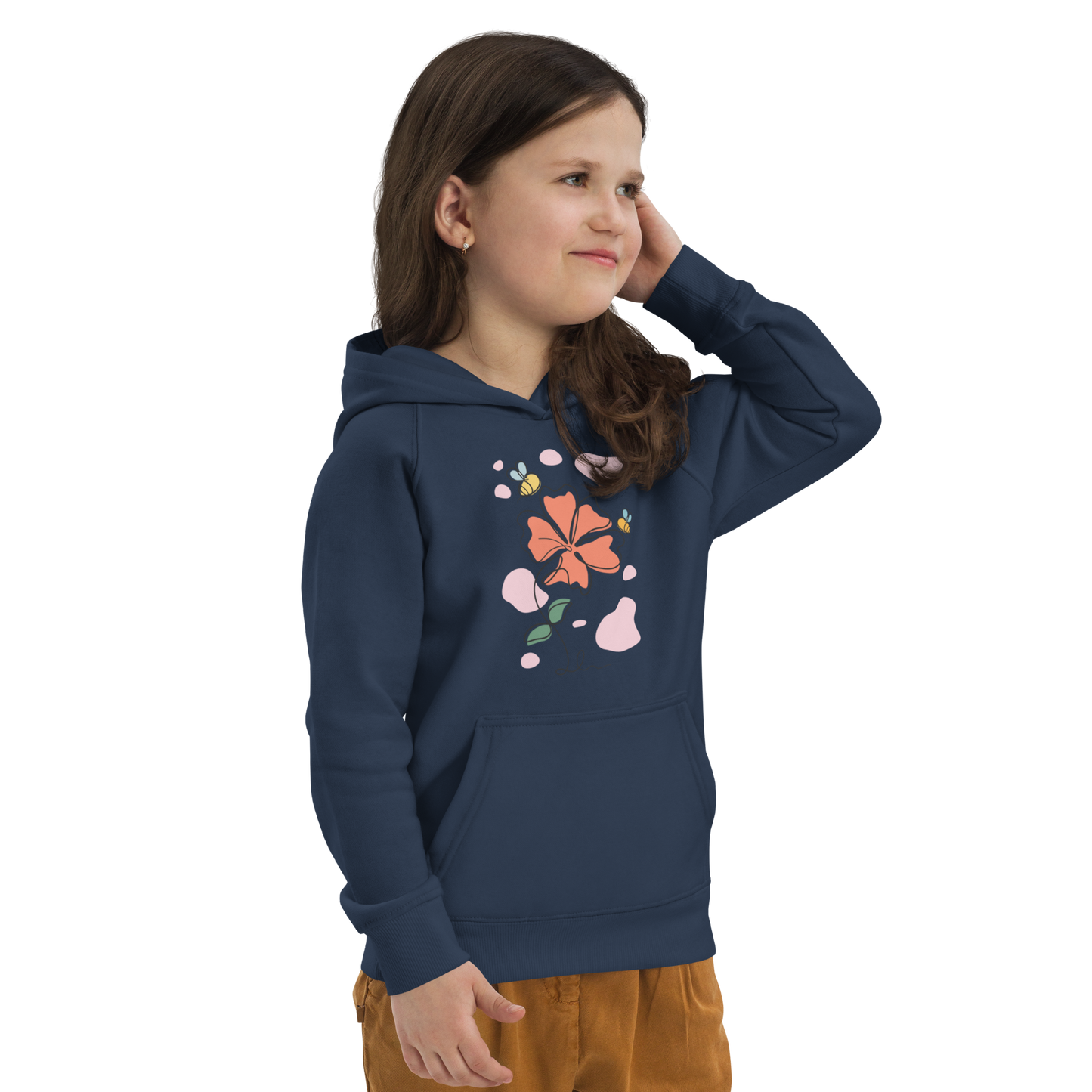 Ekologisk barnhoodie – Linjetecknad Blomma och Bin