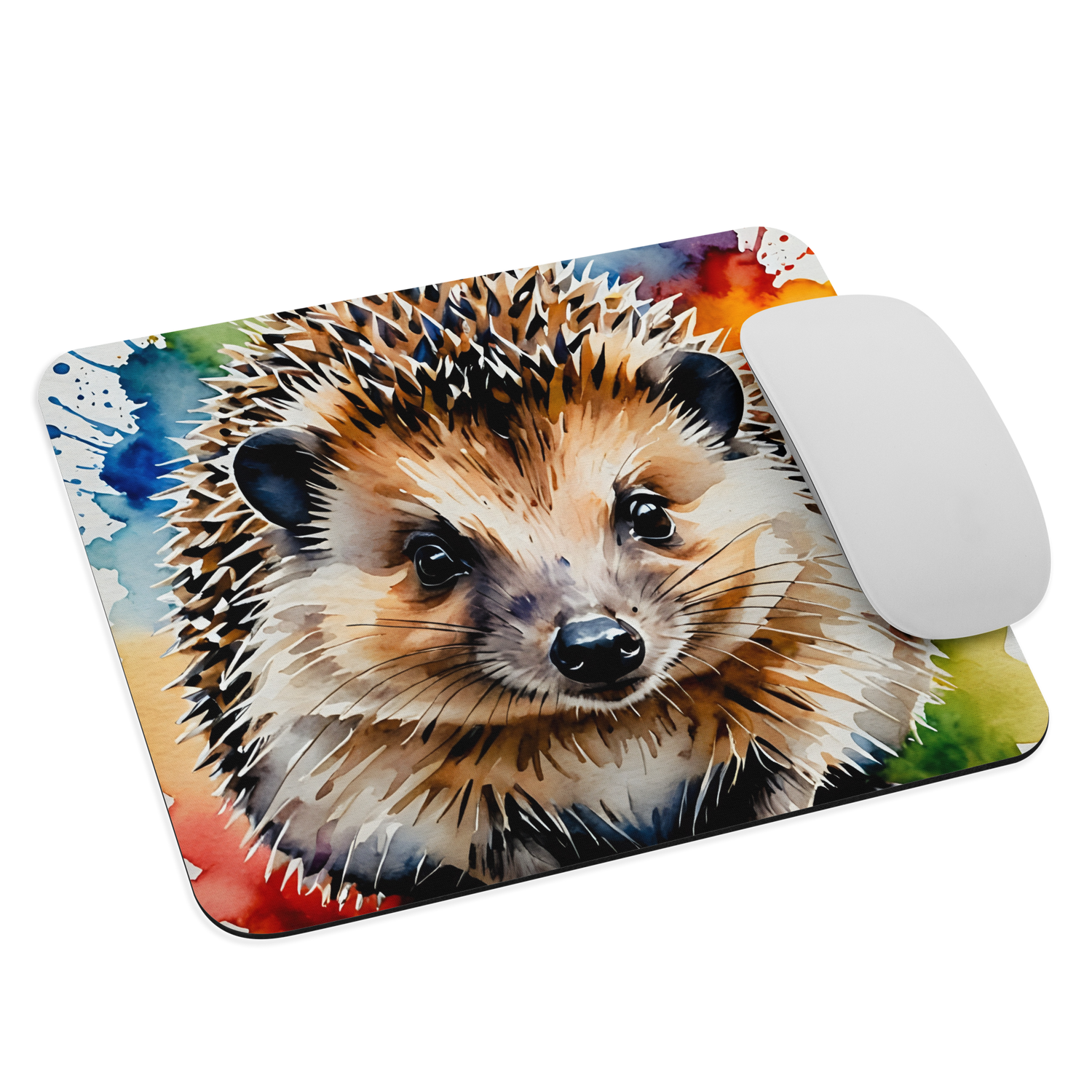 Musmatta med färgstarkt akvarellmotiv av en söt igelkott.
Mouse pad featuring a colorful watercolor illustration of a cute hedgehog.
