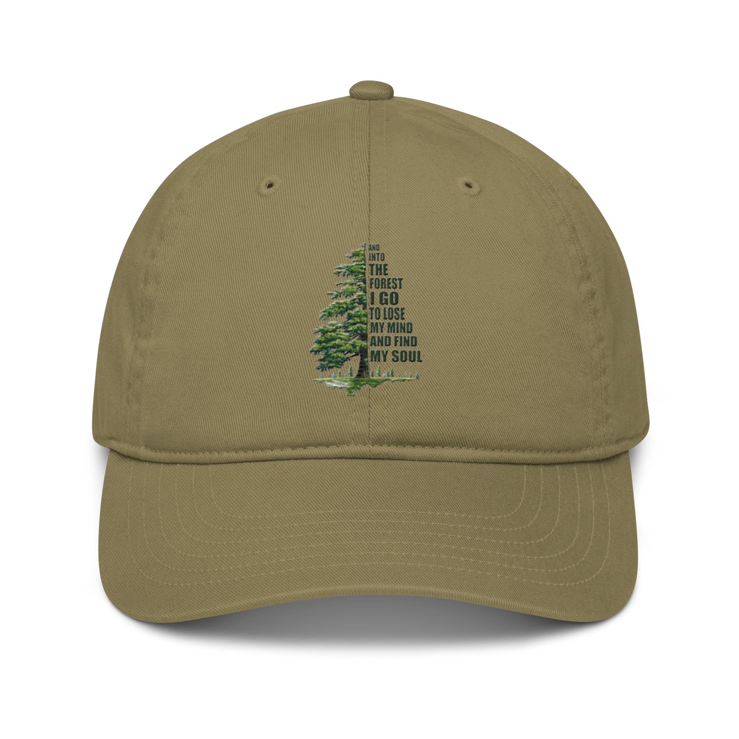 Djungel grön ekologisk keps med ett broderat motiv av en grön gran och texten "And into the forest I go to lose my mind and find my soul.
Djungle green organic cap with an embroidered design of a green pine tree and the text 'And into the forest I go to lose my mind and find my soul.