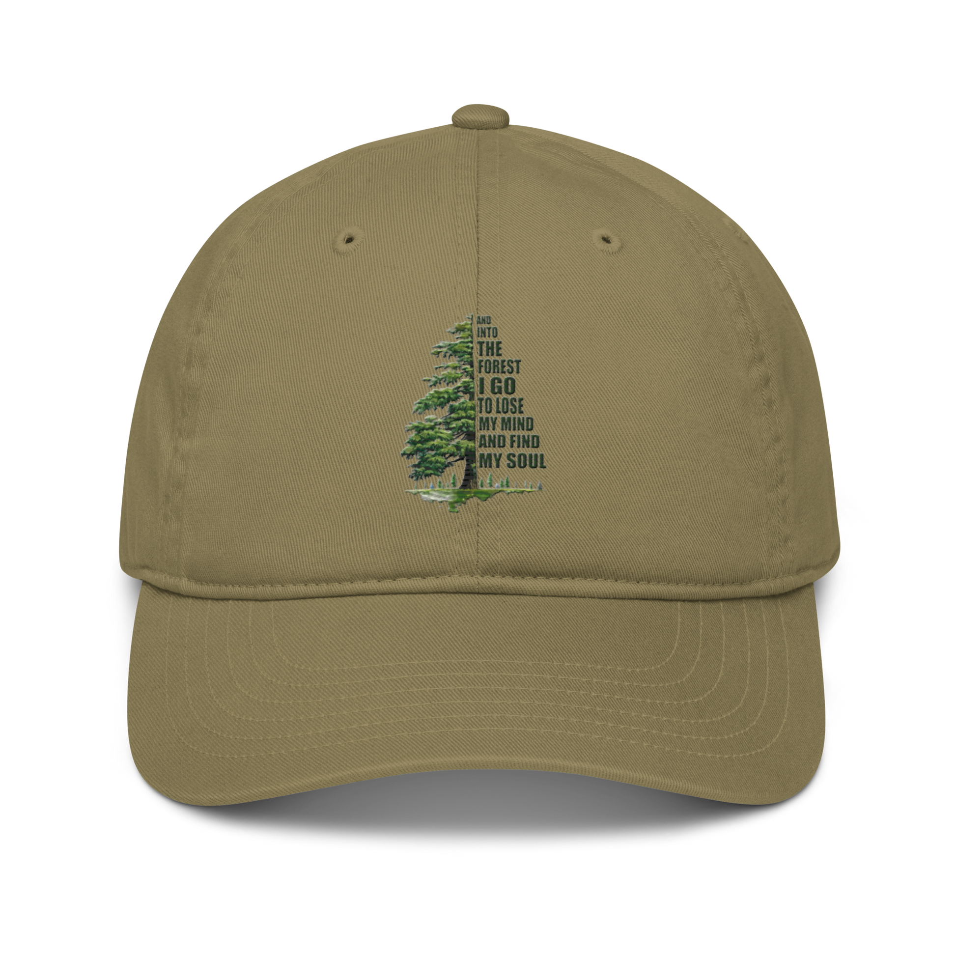 Djungel grön ekologisk keps med ett broderat motiv av en grön gran och texten "And into the forest I go to lose my mind and find my soul.
Djungle green organic cap with an embroidered design of a green pine tree and the text 'And into the forest I go to lose my mind and find my soul.