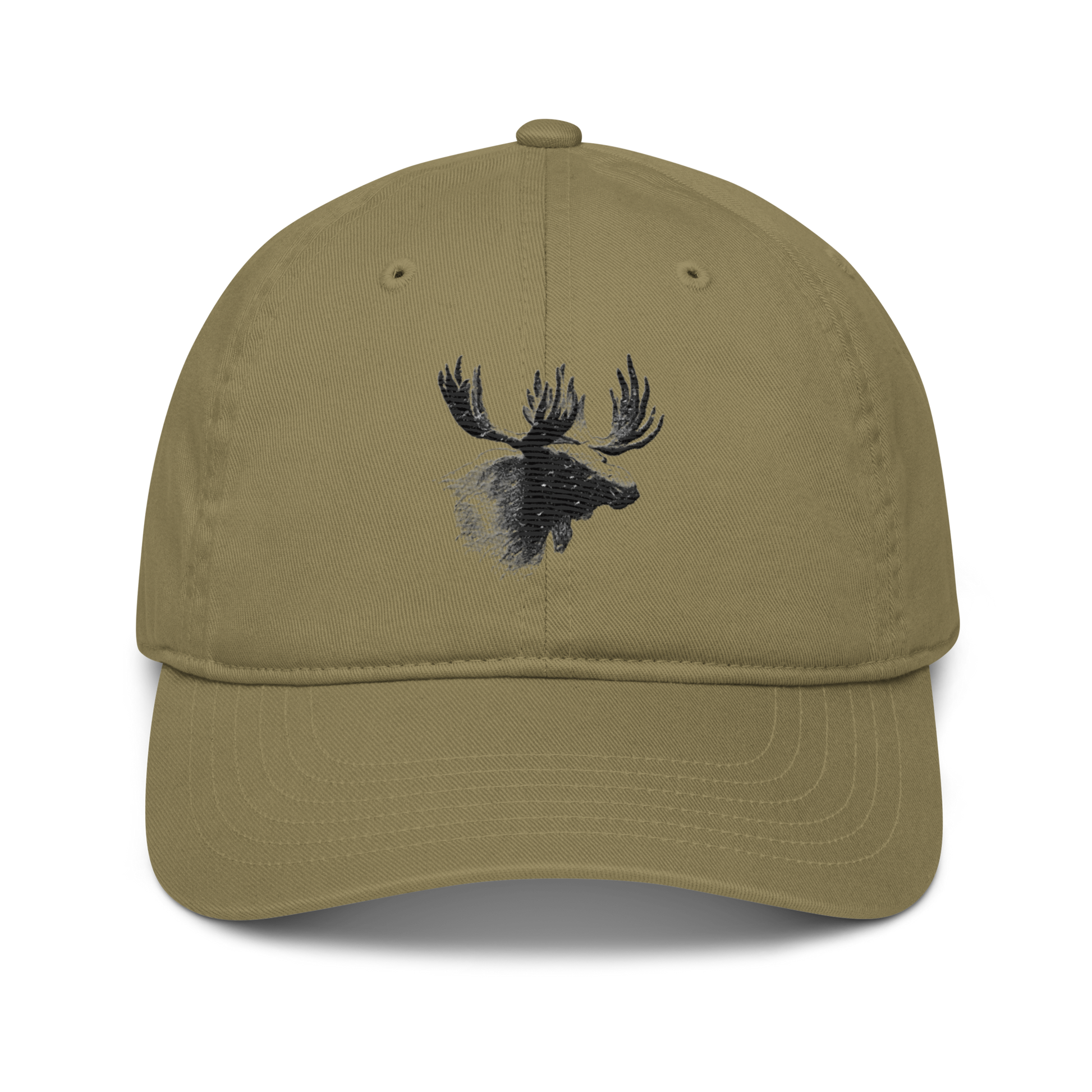 Djungel grön ekologisk baseballkeps med ett broderat älghuvud i svart och grått på framsidan.
Djungle green organic baseball cap with an embroidered moose head in black and gray on the front.