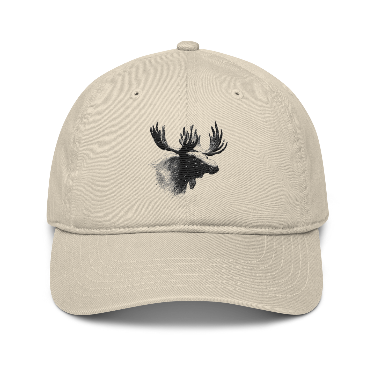 Ljusbeige ekologisk baseballkeps med ett broderat älghuvud i svart och grått på framsidan.
Oyster organic baseball cap with an embroidered moose head in black and gray on the front.