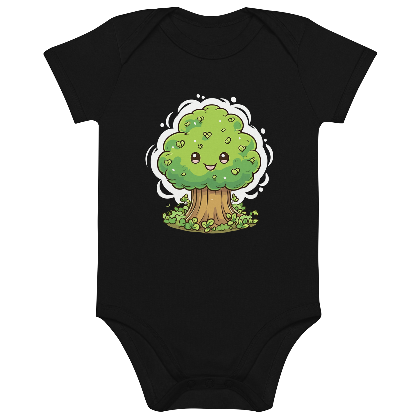 Svart ekologisk babybody med en glad, tecknad trädillustration.
Black organic cotton baby bodysuit with a happy cartoon tree print.