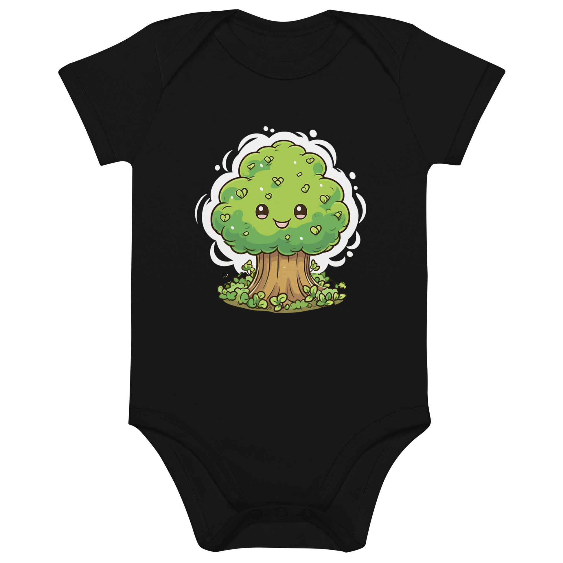 Svart ekologisk babybody med en glad, tecknad trädillustration.
Black organic cotton baby bodysuit with a happy cartoon tree print.