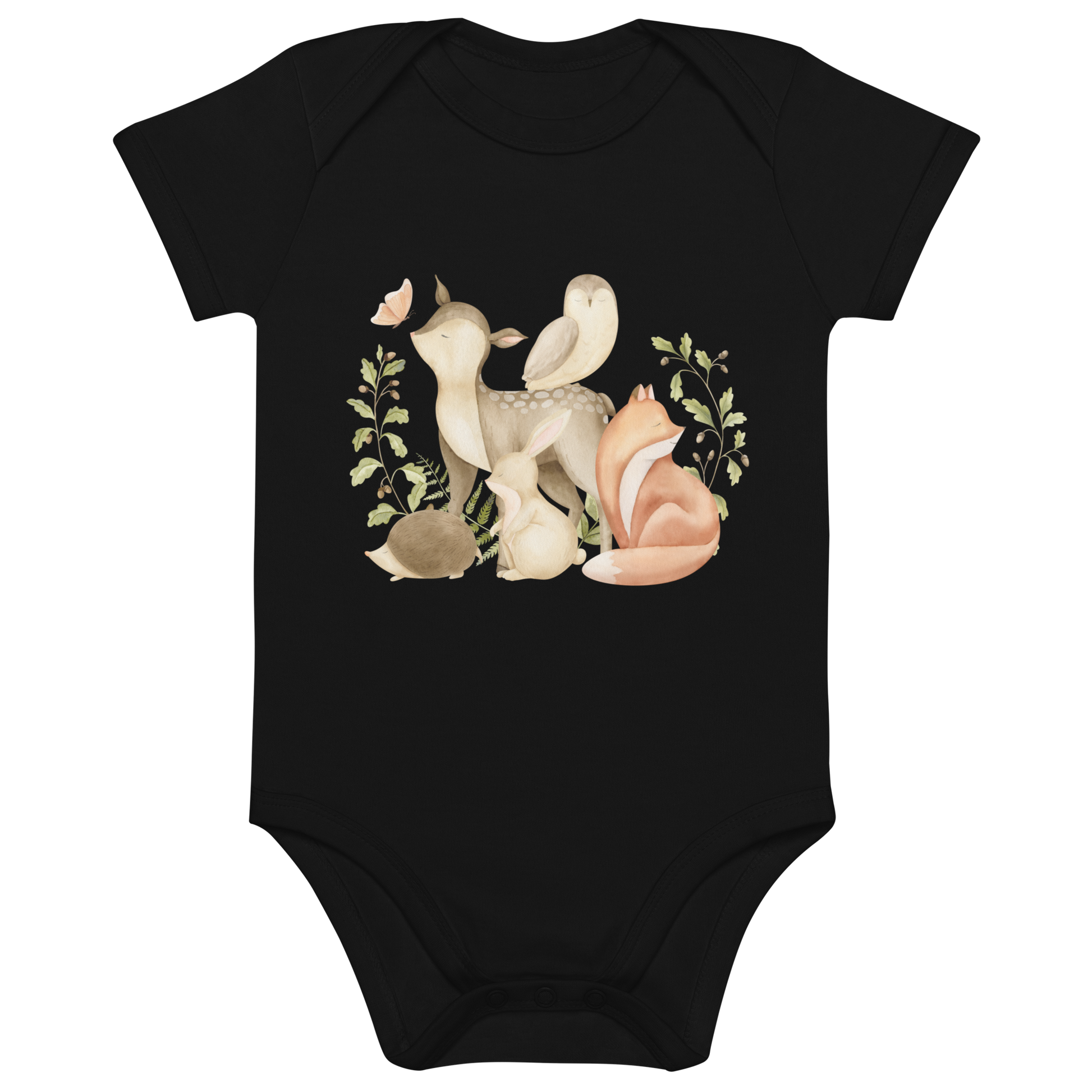 Ekologisk babybody i svart med akvarellmotiv av skogsdjur som räv, rådjur, kanin, uggla och igelkott.
Organic baby bodysuit in black color with a watercolor-style woodland animal print – including fox, deer, rabbit, owl, and hedgehog.