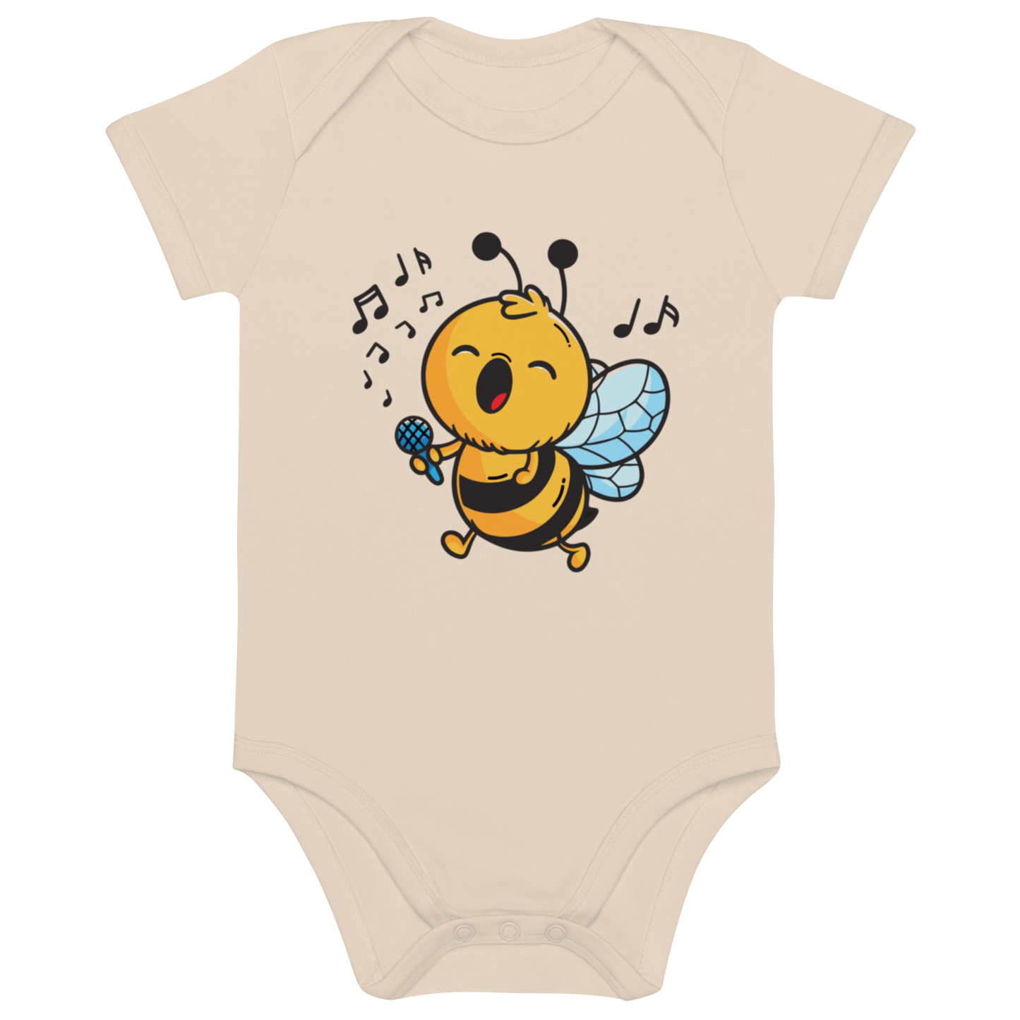 Ekologisk babybody i natur färg med tryck av ett sjungande bi.
Organic baby bodysuit in natural color with a singing bee print.