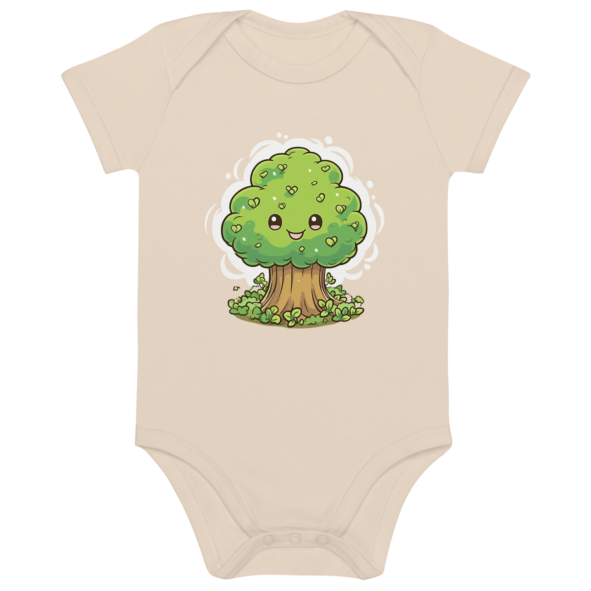 Naturfärgad ekologisk babybody med en glad, tecknad trädillustration.
Natural-colored organic cotton baby bodysuit with a happy cartoon tree print.