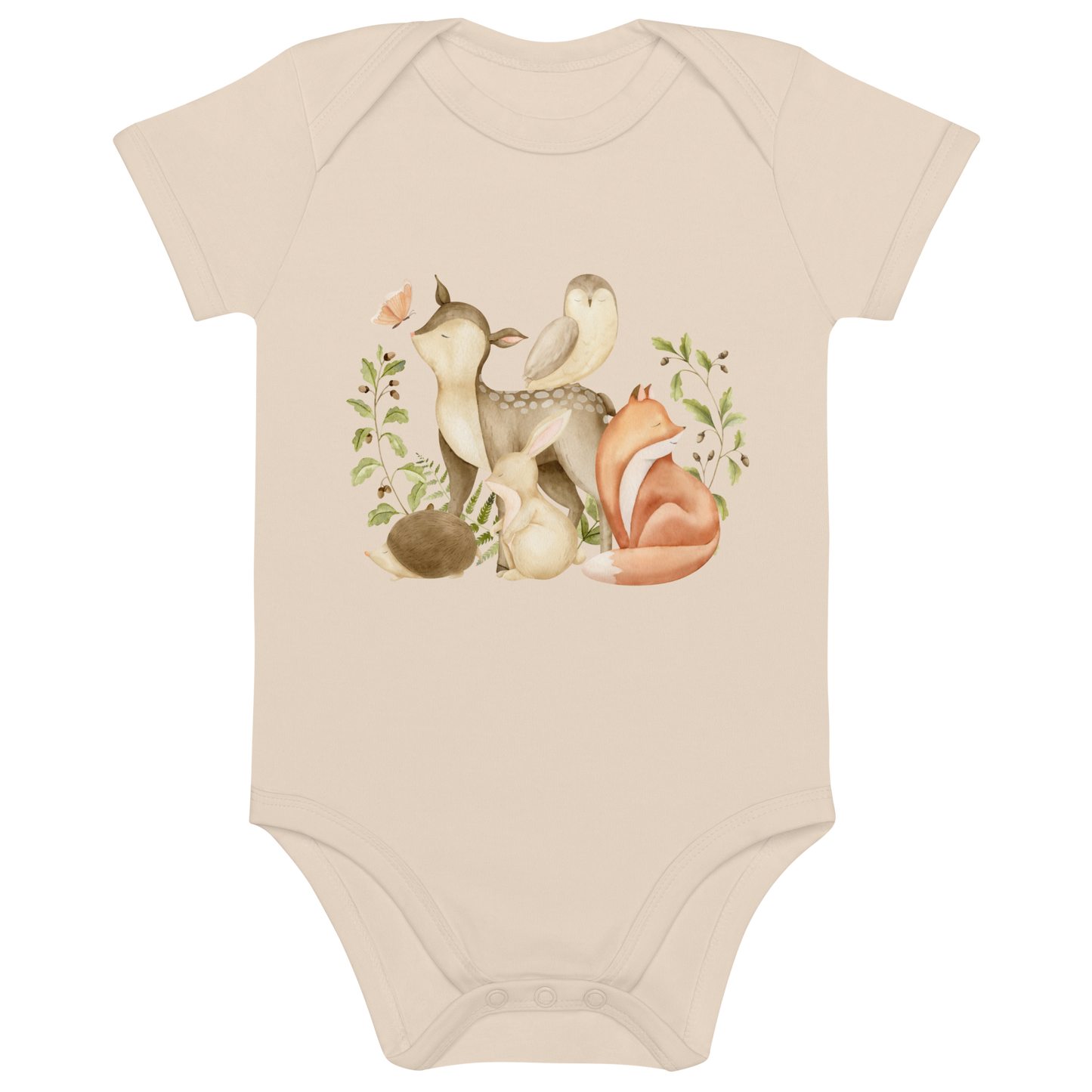 Ekologisk babybody i naturfärg med akvarellmotiv av skogsdjur som räv, rådjur, kanin, uggla och igelkott.
Organic baby bodysuit in natural color with a watercolor-style woodland animal print – including fox, deer, rabbit, owl, and hedgehog.