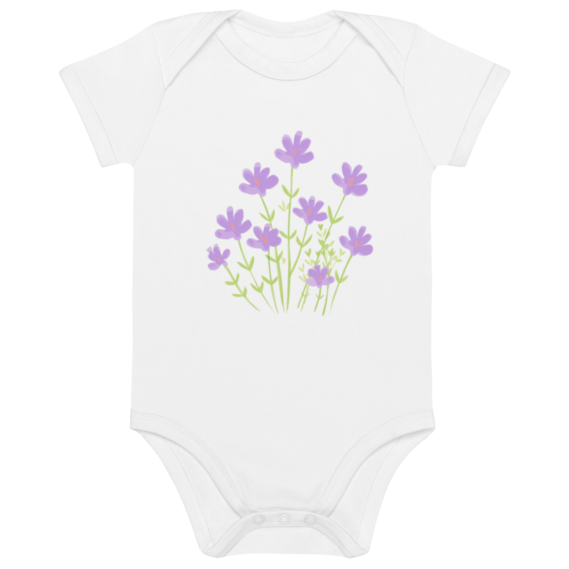 Vit ekologisk babybody med tryck av lila blommor i handritad stil.
White organic cotton baby bodysuit with hand-drawn lilac flower print.