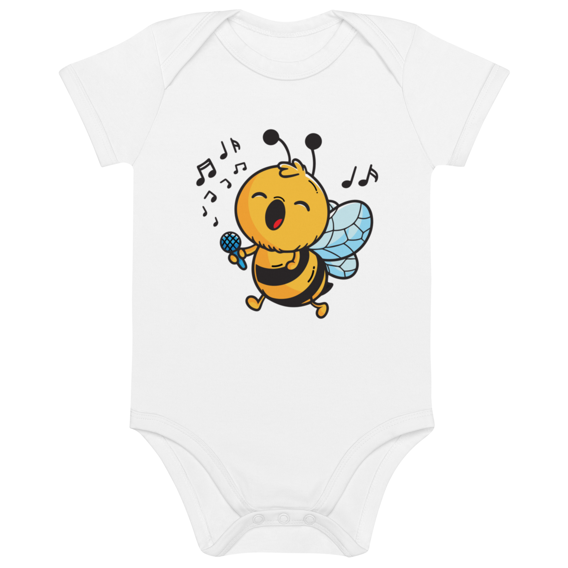 Ekologisk babybody i vit färg med tryck av ett sjungande bi.
Organic baby bodysuit in white color with a singing bee print.