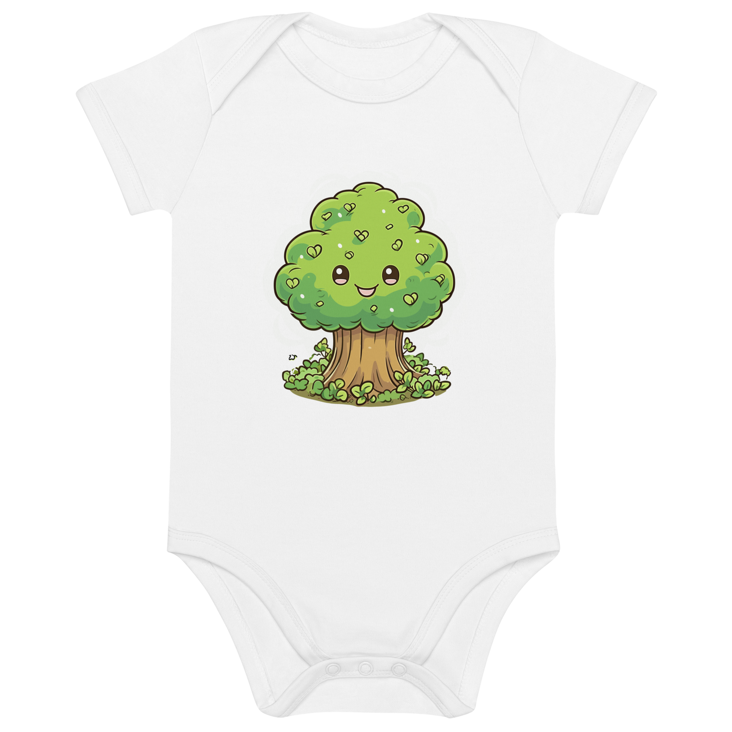 Vit ekologisk babybody med en glad, tecknad trädillustration.
White organic cotton baby bodysuit with a happy cartoon tree print.