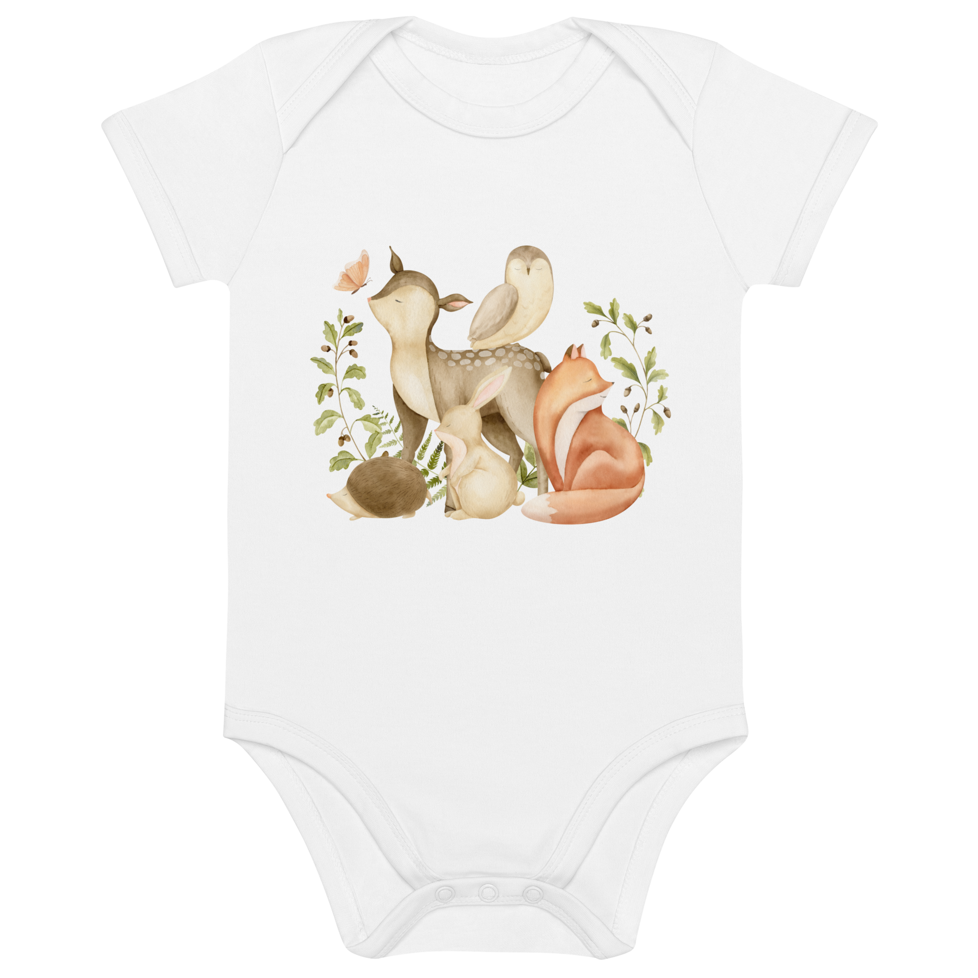 Ekologisk babybody i vit med akvarellmotiv av skogsdjur som räv, rådjur, kanin, uggla och igelkott.
Organic baby bodysuit in white with a watercolor-style woodland animal print – including fox, deer, rabbit, owl, and hedgehog.