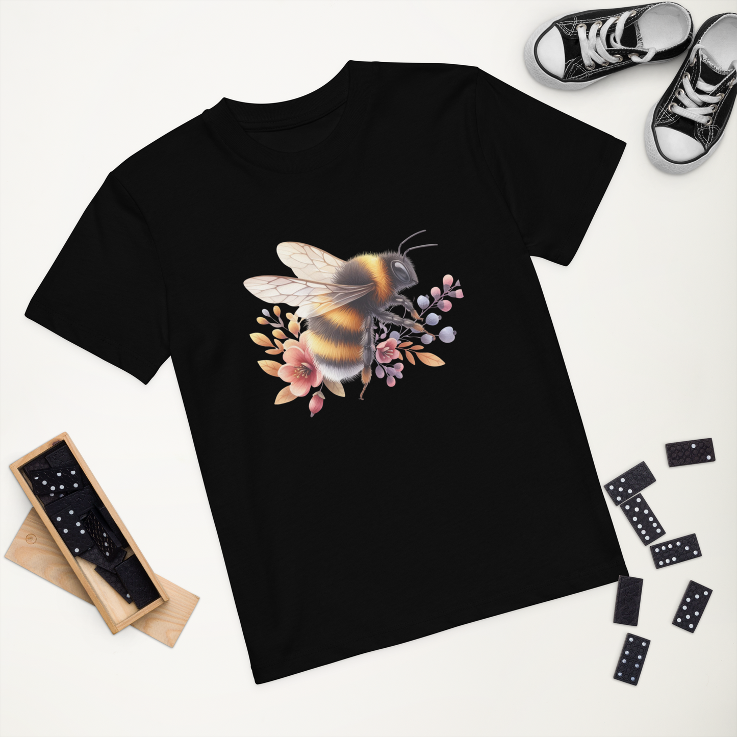 Svart ekologisk barn-t-shirt med en handritad humla och blommor framtill.
Black organic cotton kids t-shirt with a hand-drawn bumblebee and flowers on the front.