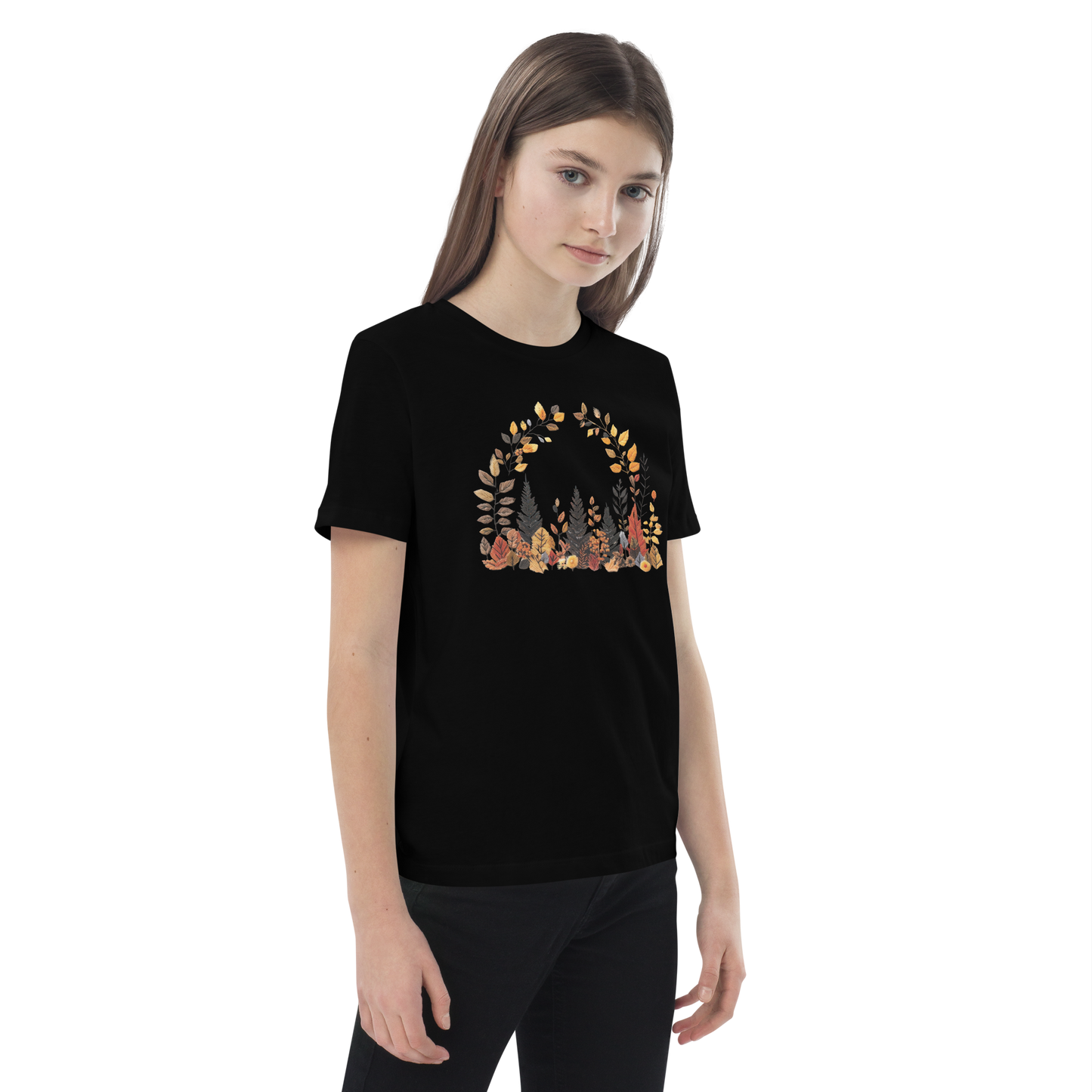 Ekologisk barn-t-shirt – Höstlöv i Broderieffekt