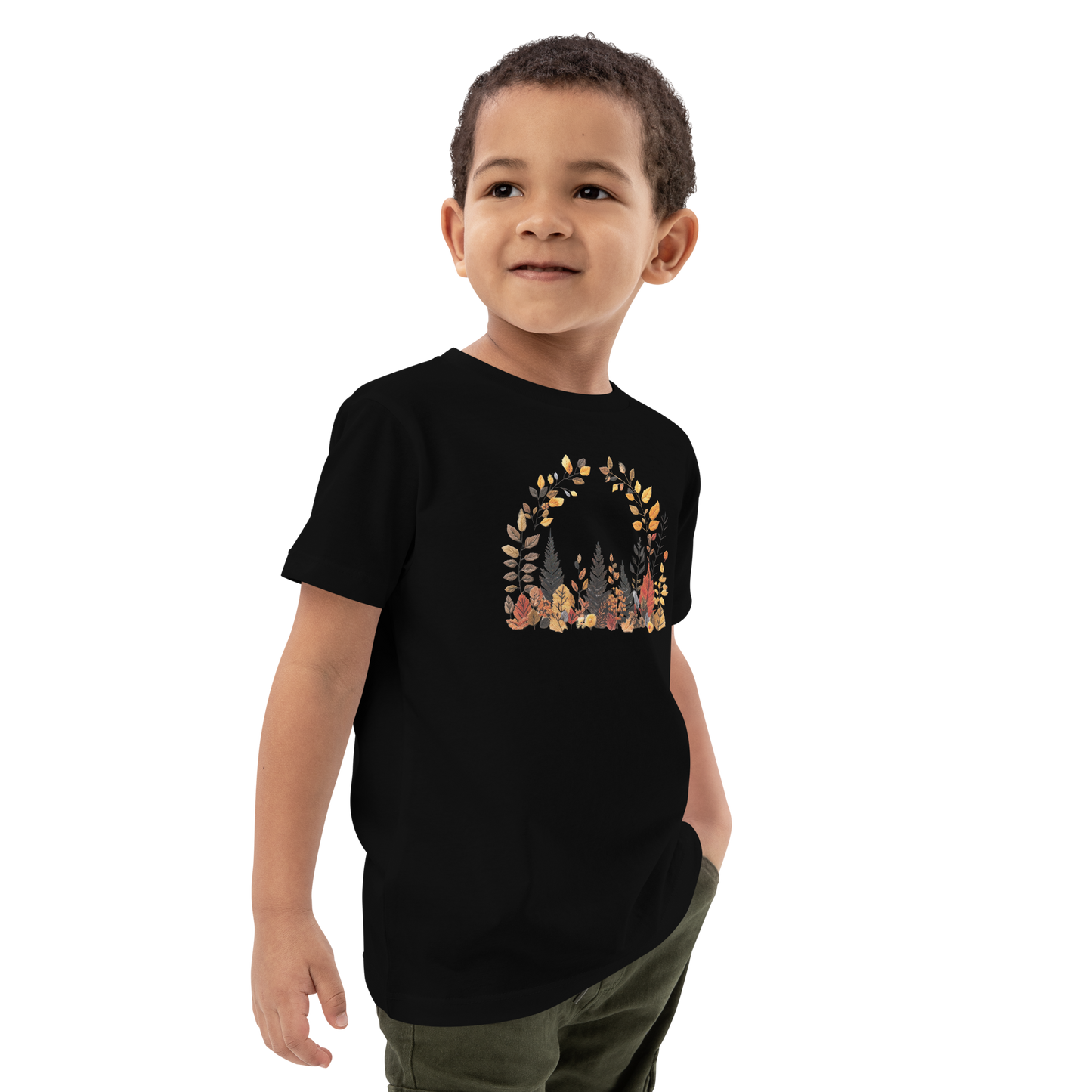 Ekologisk barn-t-shirt – Höstlöv i Broderieffekt