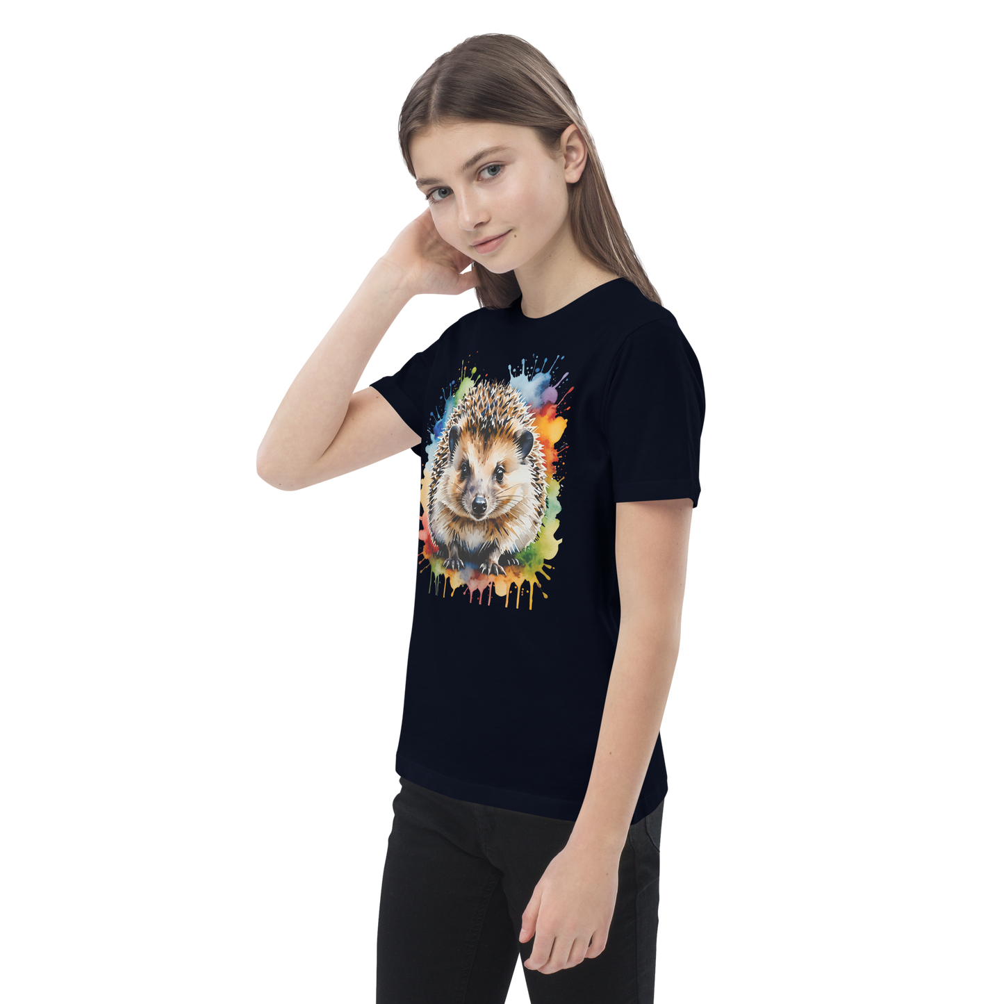 Ekologisk barn-t-shirt – Igelkott med Färgstänk