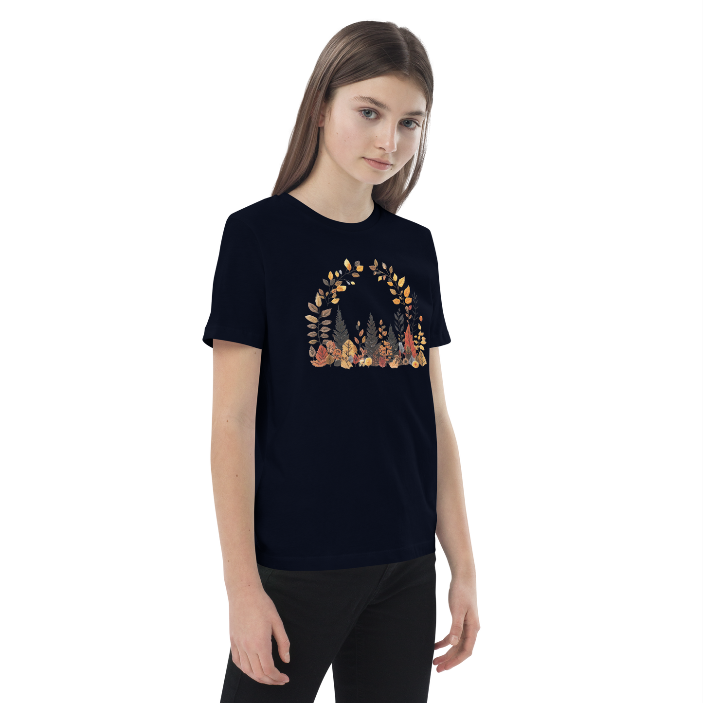 Ekologisk barn-t-shirt – Höstlöv i Broderieffekt