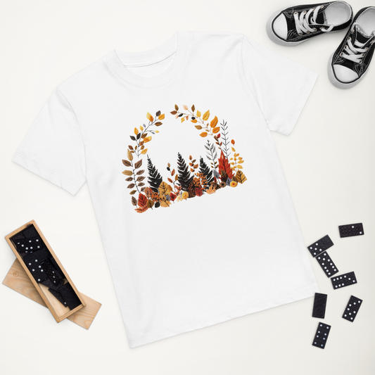 Vit ekologisk barn-t-shirt med tryckta höstlöv i broderieffekt framtill.
White organic kids t-shirt with printed autumn leaves in embroidery effect on the front.