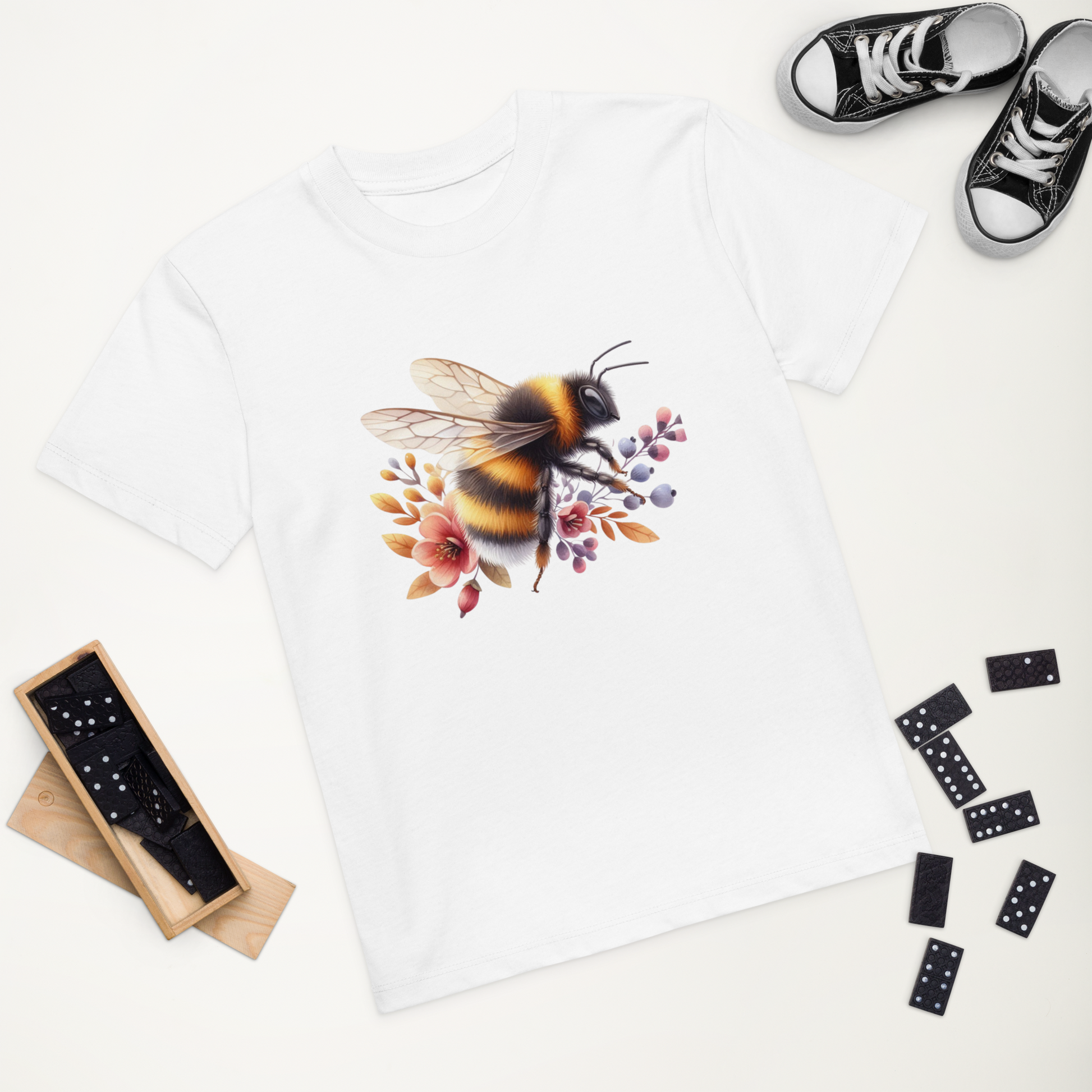 Vit ekologisk barn-t-shirt med en handritad humla och blommor framtill.
White organic cotton kids t-shirt with a hand-drawn bumblebee and flowers on the front.