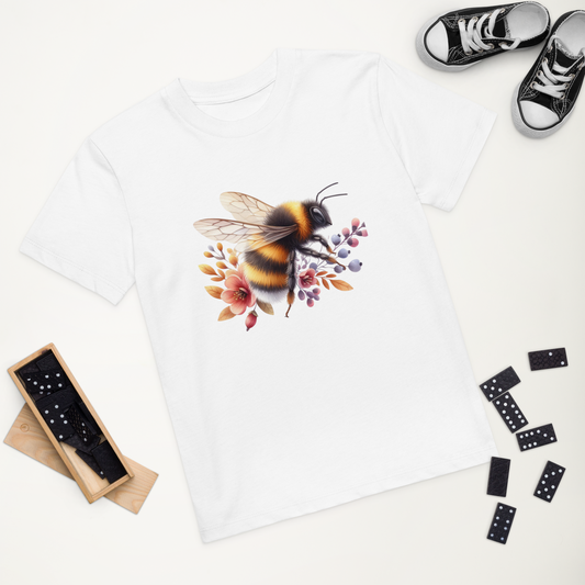 Vit ekologisk barn-t-shirt med en handritad humla och blommor framtill.
White organic cotton kids t-shirt with a hand-drawn bumblebee and flowers on the front.