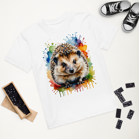 Ekologisk barn-t-shirt i vit med realistisk igelkott och färgstänk framtill.
Organic kids t-shirt in white with a realistic hedgehog and colorful paint splatter on the front.