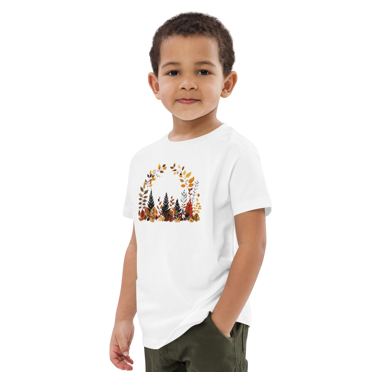 Ekologisk barn-t-shirt – Höstlöv i Broderieffekt