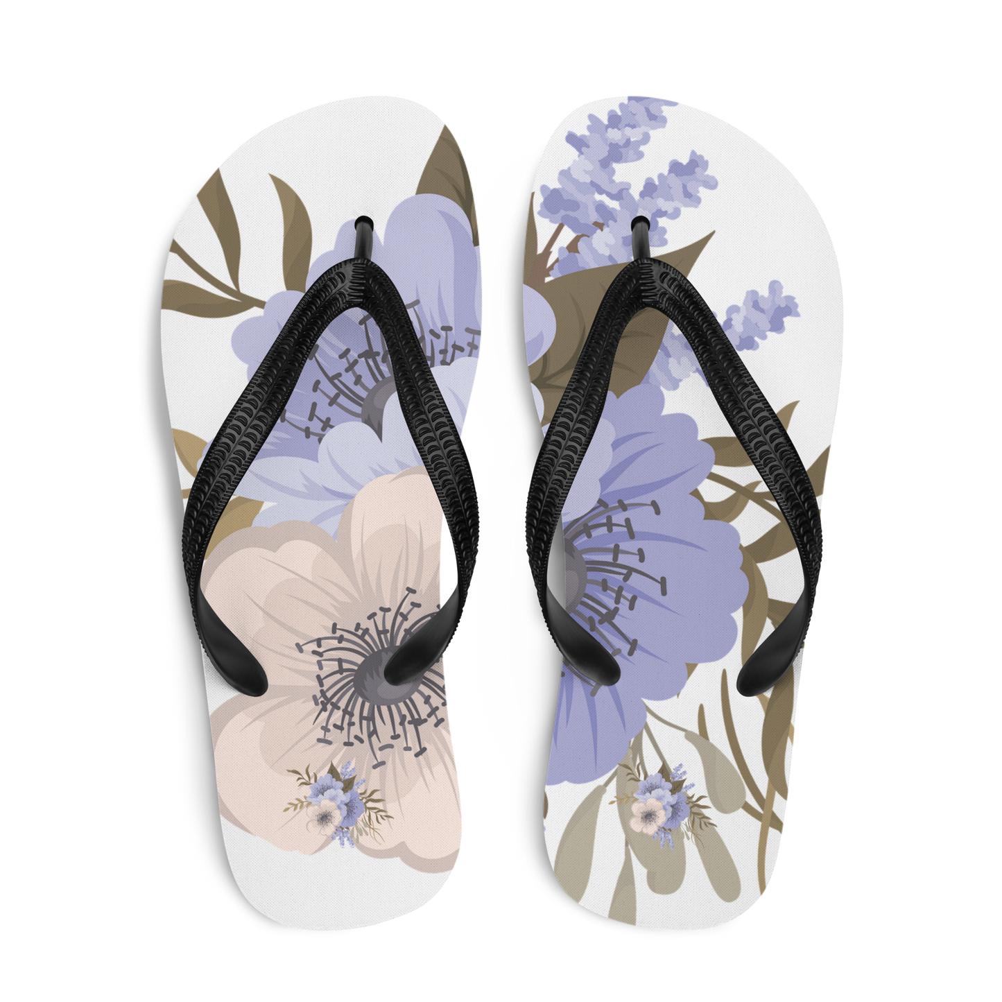 Flip-flops med blommönster i mjuka beige och lavendeltoner, svarta remmar. Flip-lops with floral motif in soft beige and lavender tones, black straps.