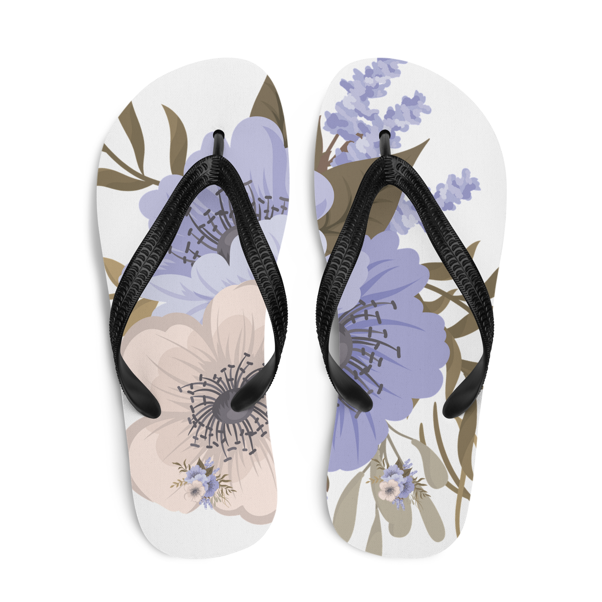 Flip-flops med blommönster i mjuka beige och lavendeltoner, svarta remmar. Flip-lops with floral motif in soft beige and lavender tones, black straps.