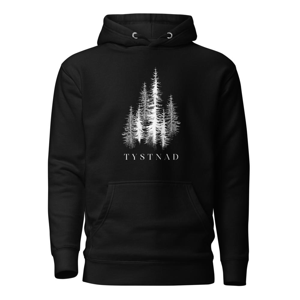 Svart unisex premium hoodie med tryckta granar och texten Tystnad. Black unisex premium hoodie with printed pine trees and the word  "Tystnad" on the chest.
