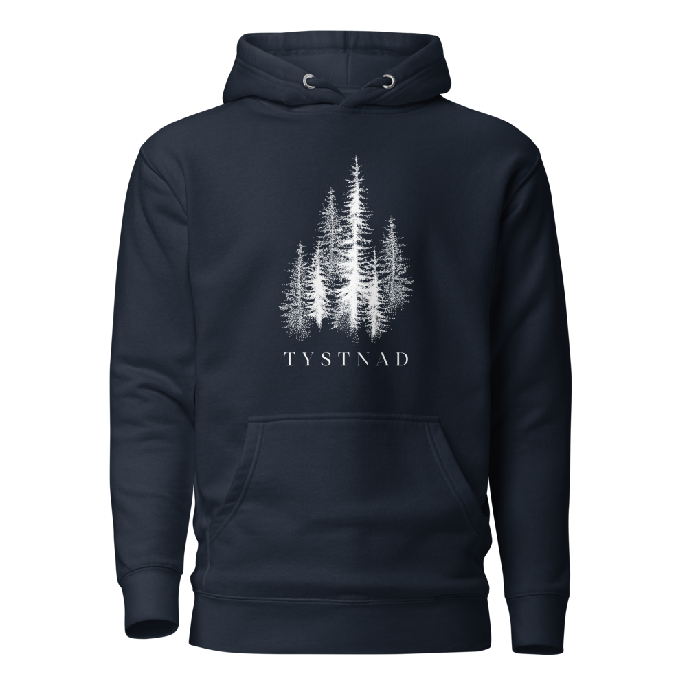 Marinblå unisex premium hoodie med tryckta granar och texten Tystnad. French navy unisex premium hoodie with printed pine trees and the word  "Tystnad" on the chest.